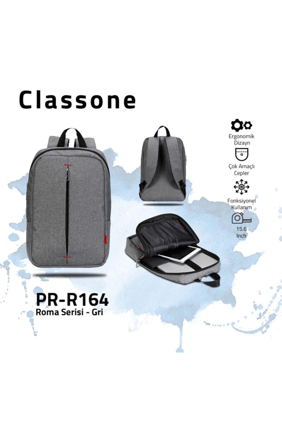 Classone Pr-r164 Roma Serisi 15.6 Inç Uyumlu Laptop, Notebook Sırt Çantası-gri