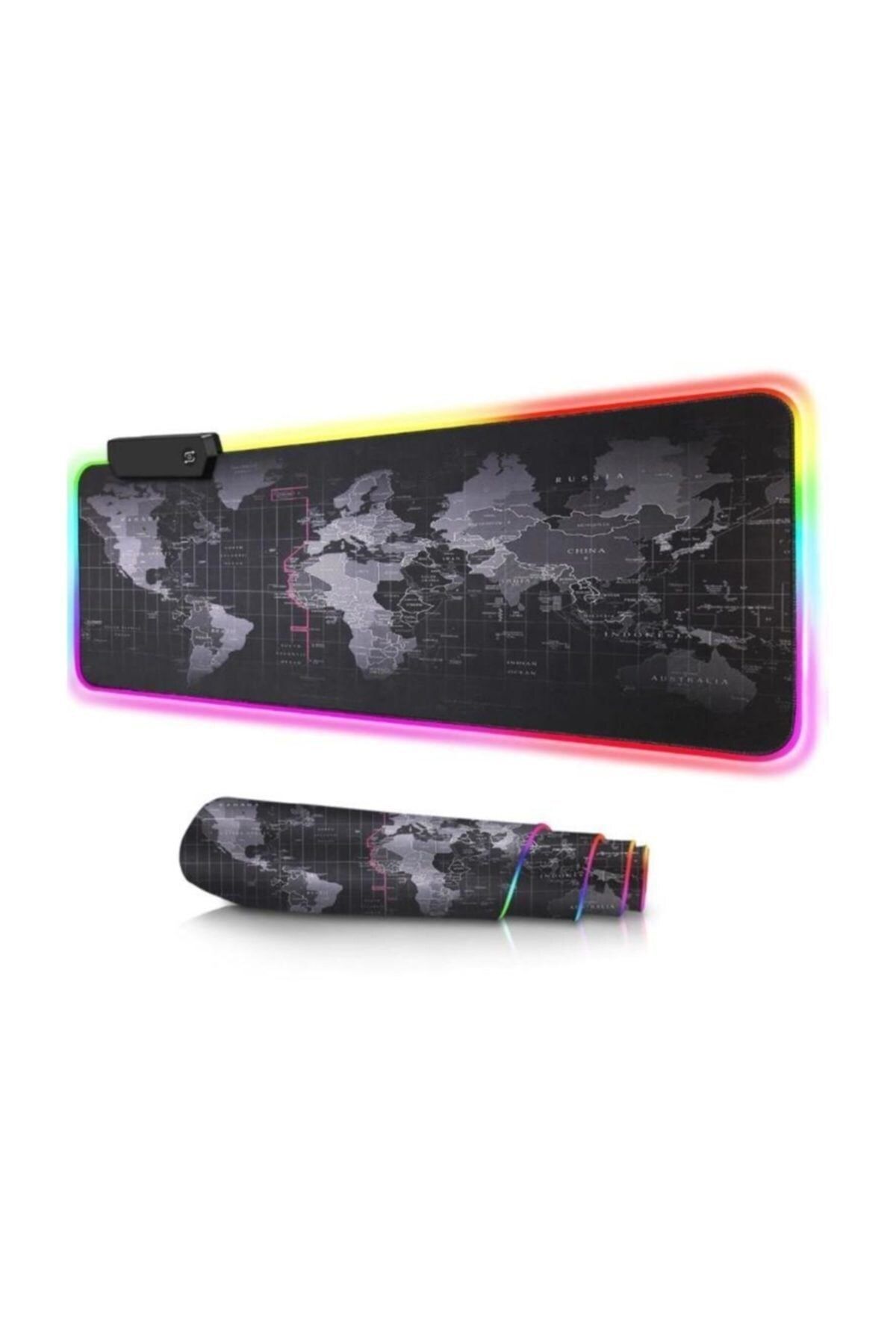 AteşTech Işıklı Rgb Oyuncu Mouse Pad 70x30 Cm Kaymaz Ledli Mousepad Dünya Haritalı