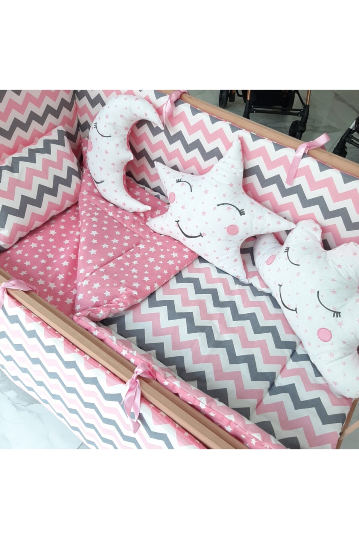 uykucubebe Pembe Gri Zikzak Bebek Uyku Seti 9parca 60x120  (1837kombin)
