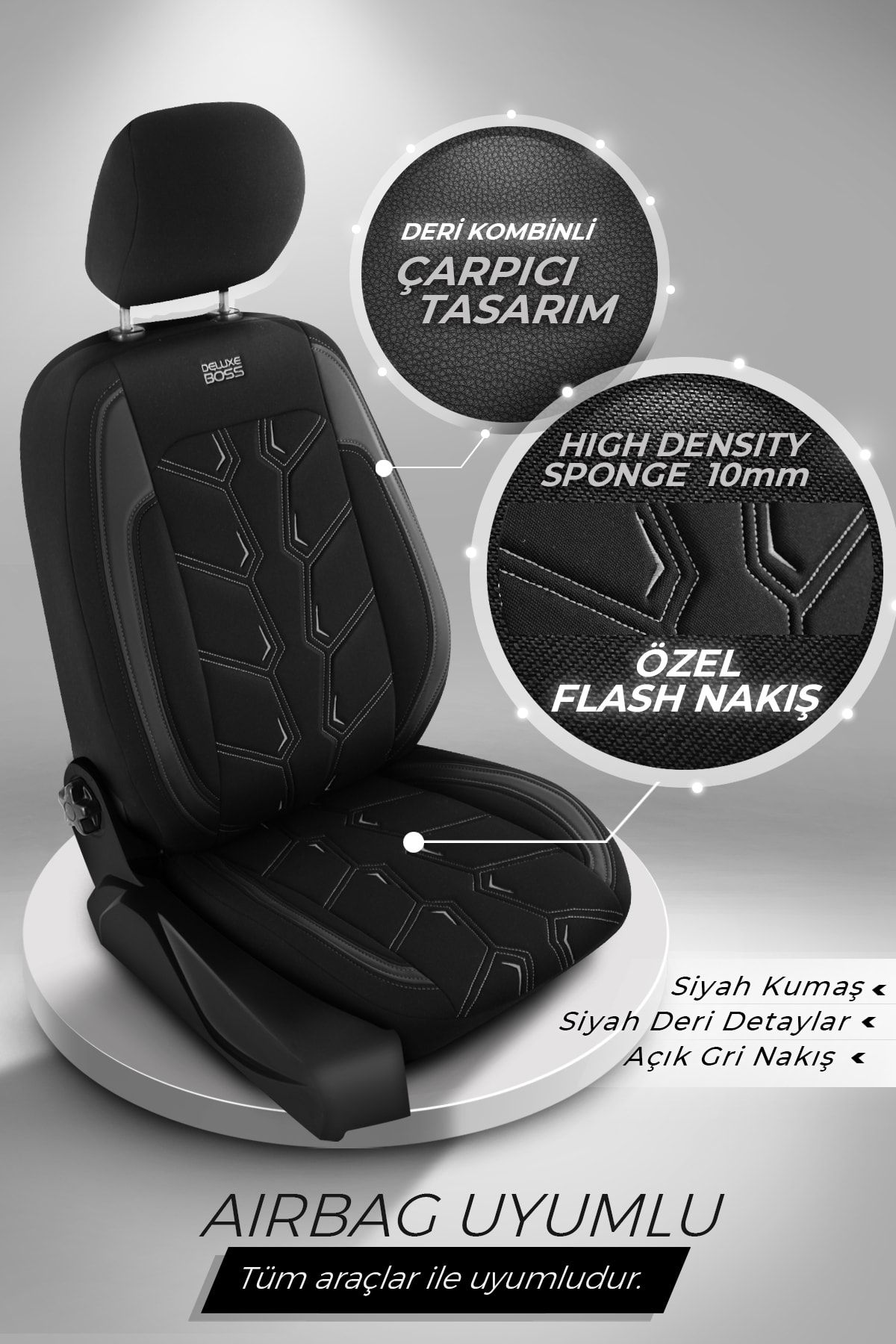 deluxe boss siyah renk gri nakis flash serisi ozel tasarim oto koltuk kilifi fiyati yorumlari trendyol