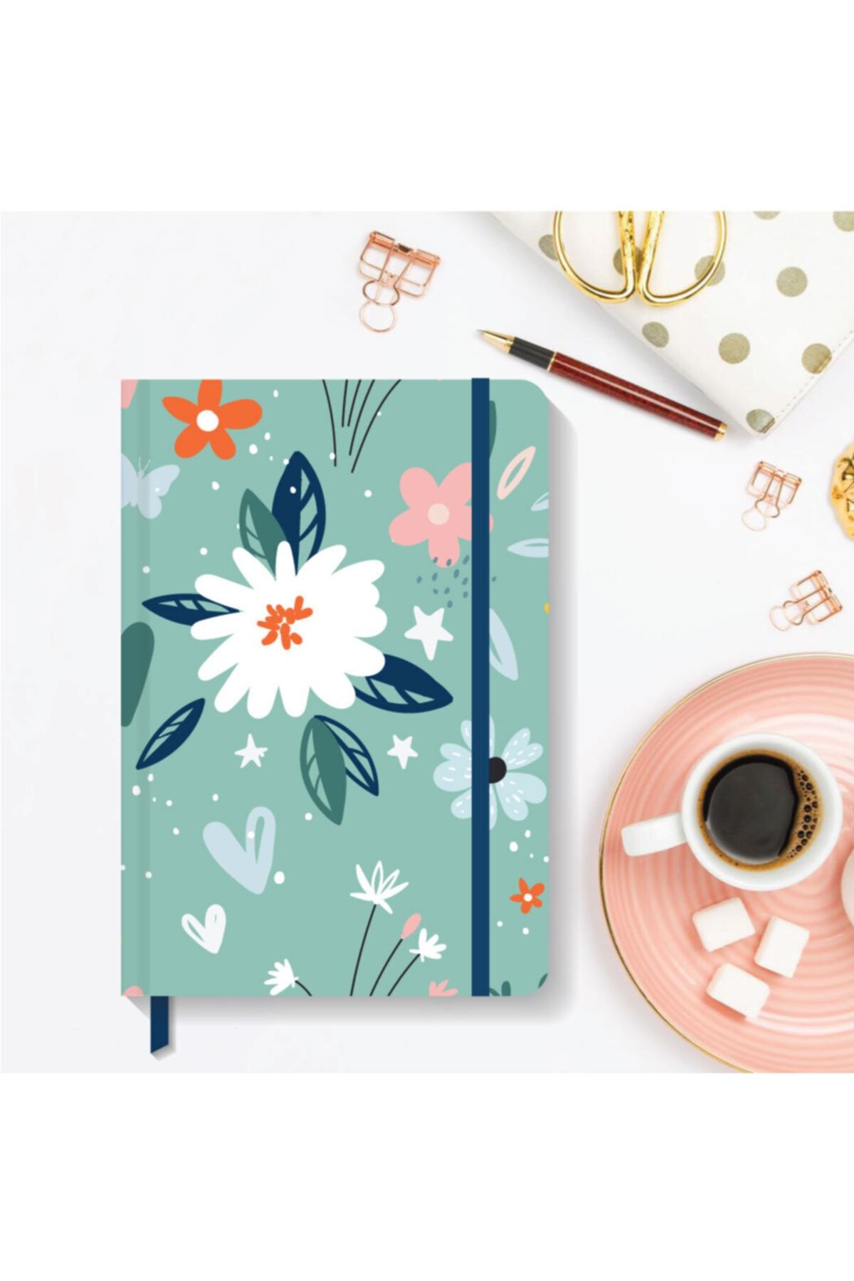 AKILLICA Notebook Lastikli Çizgili Sert Kapak Defter 13x21 cm Hardcover Notebook Flower
