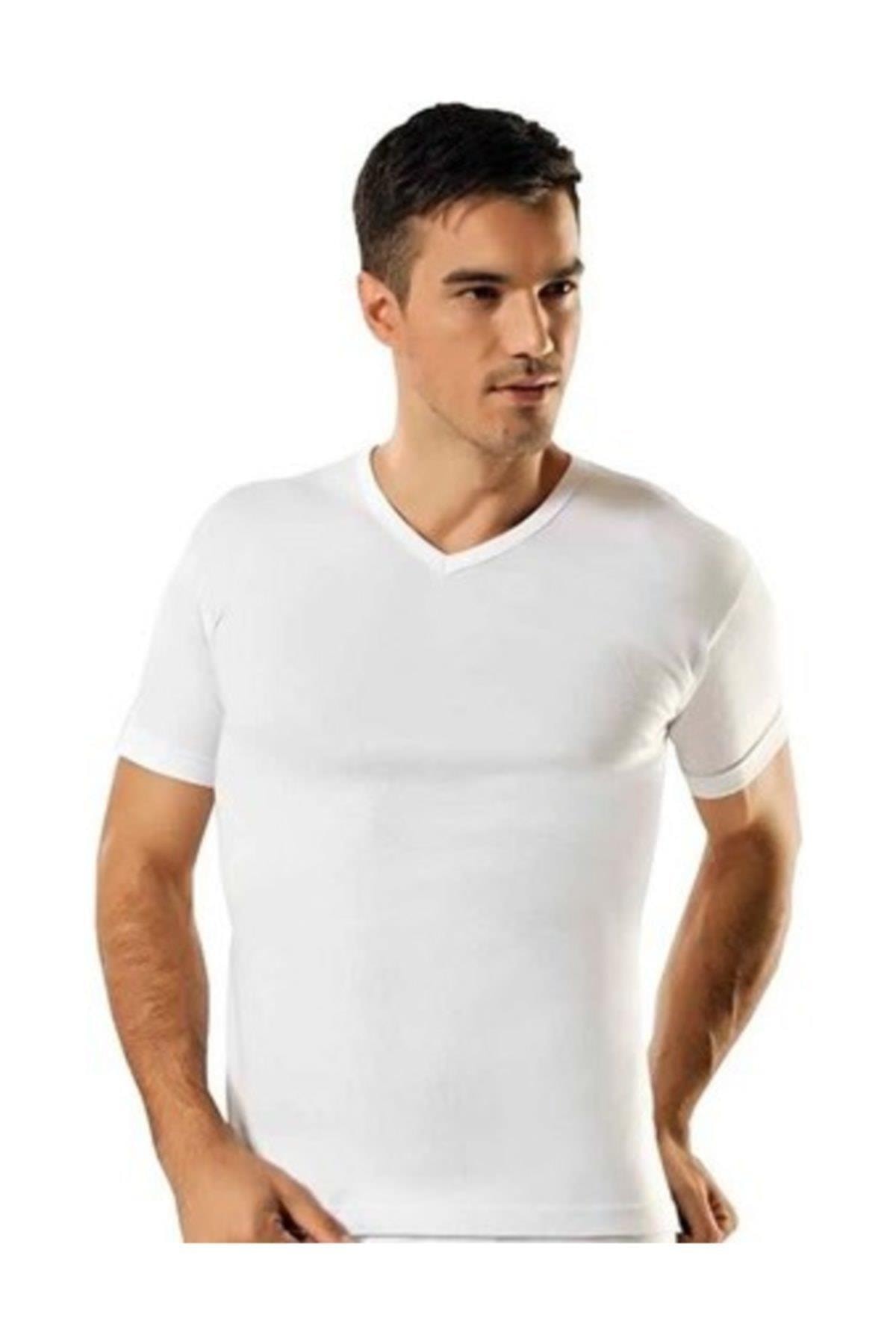 Momslab Erkek  Beyaz 6'lı Ribana V Yaka Atlet Fanila