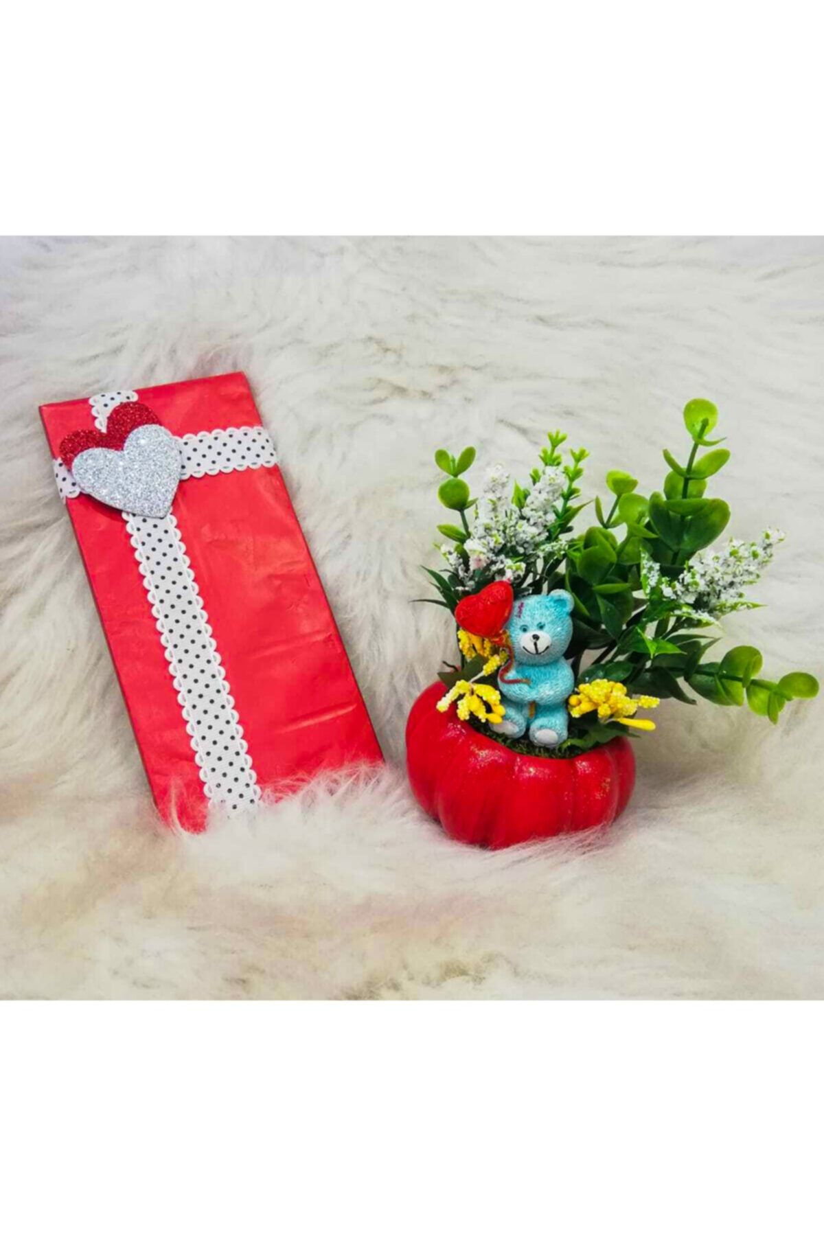 Fietra Store Ayıcık Figürlü Kırmızı Mini Kabak Teraryum Çikolata Hediyeli