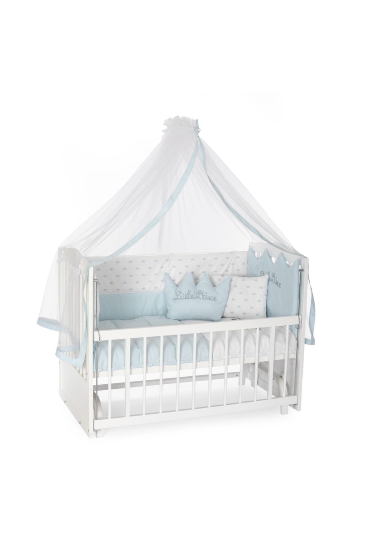 Heyner Ahşap Beşik Anne Yanı Beşik Sallanır Beşik Beyaz 60x120 + Mavi Prens Uyku Seti + Yatak