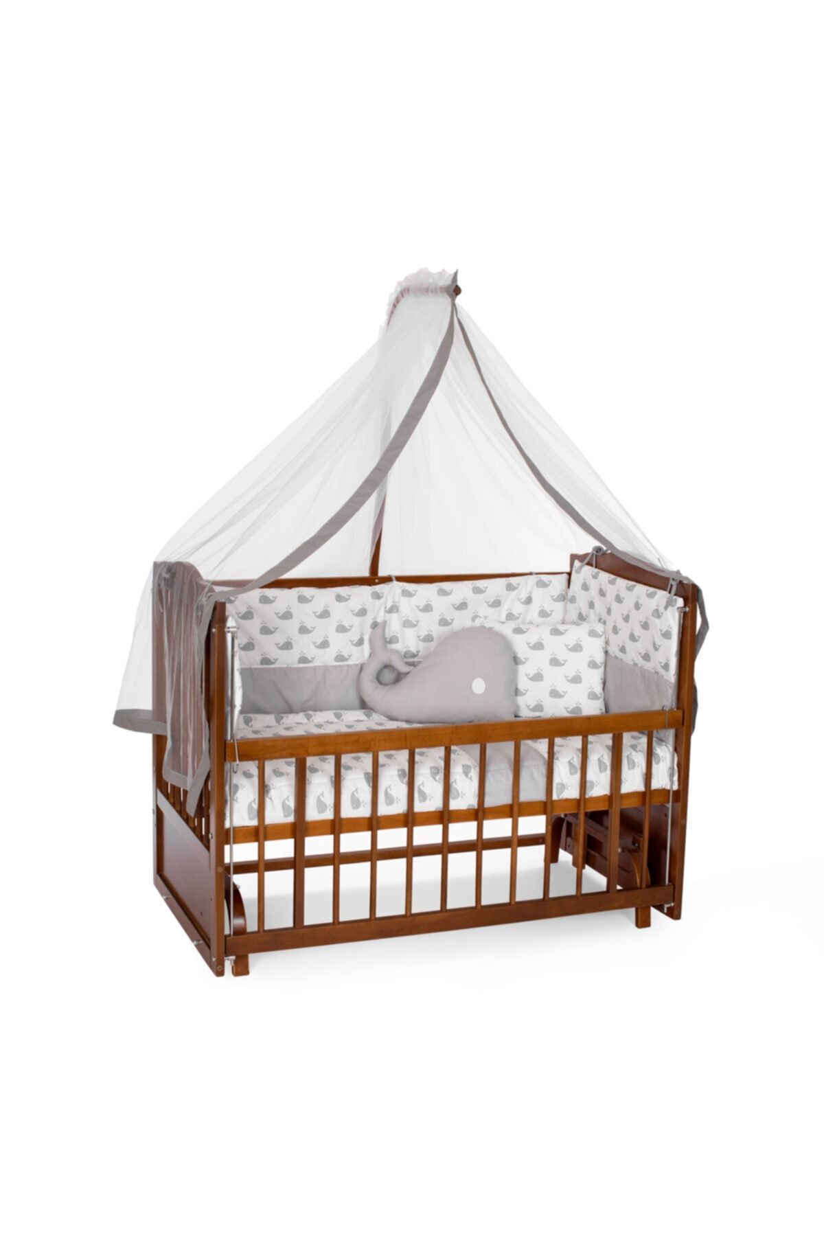 Heyner Ahşap Beşik Anne Yanı Beşik Sallanır Beşik Ceviz 60x120 + Gri Balina Uyku Seti + Yatak
