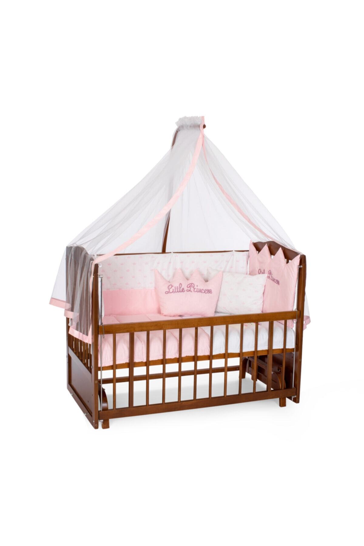Heyner Ahşap Beşik Anne Yanı Beşik Sallanır Beşik Ceviz 60x120 + Pembe Prenses Uyku Seti + Yatak + Tekerlek