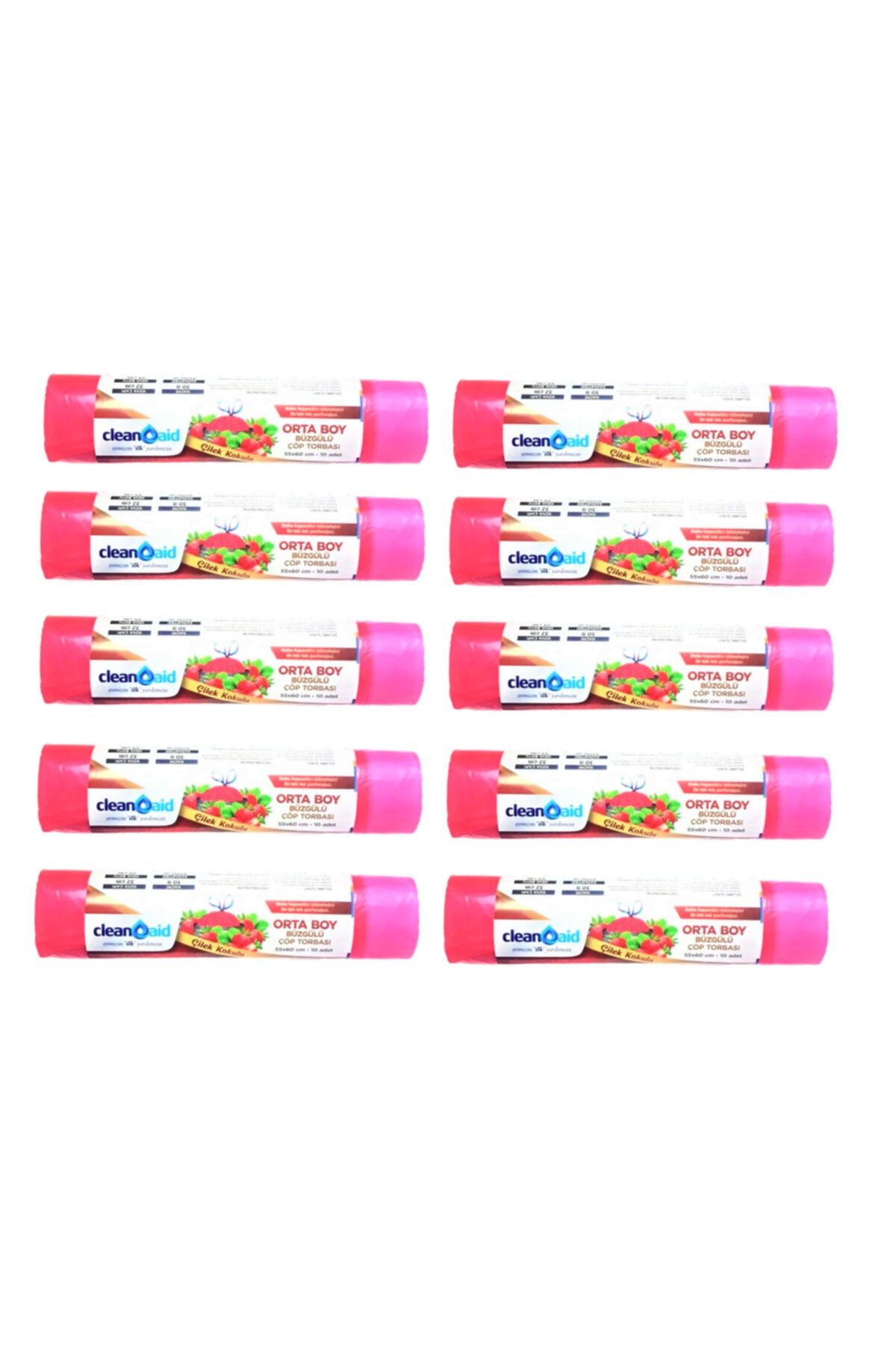 Clean Aid 10 X Büzgülü Çilek Kokulu Orta Boy Çöp Torbası / Poşeti 100 Adet 55 X 60 Cm Çek Al Rulo