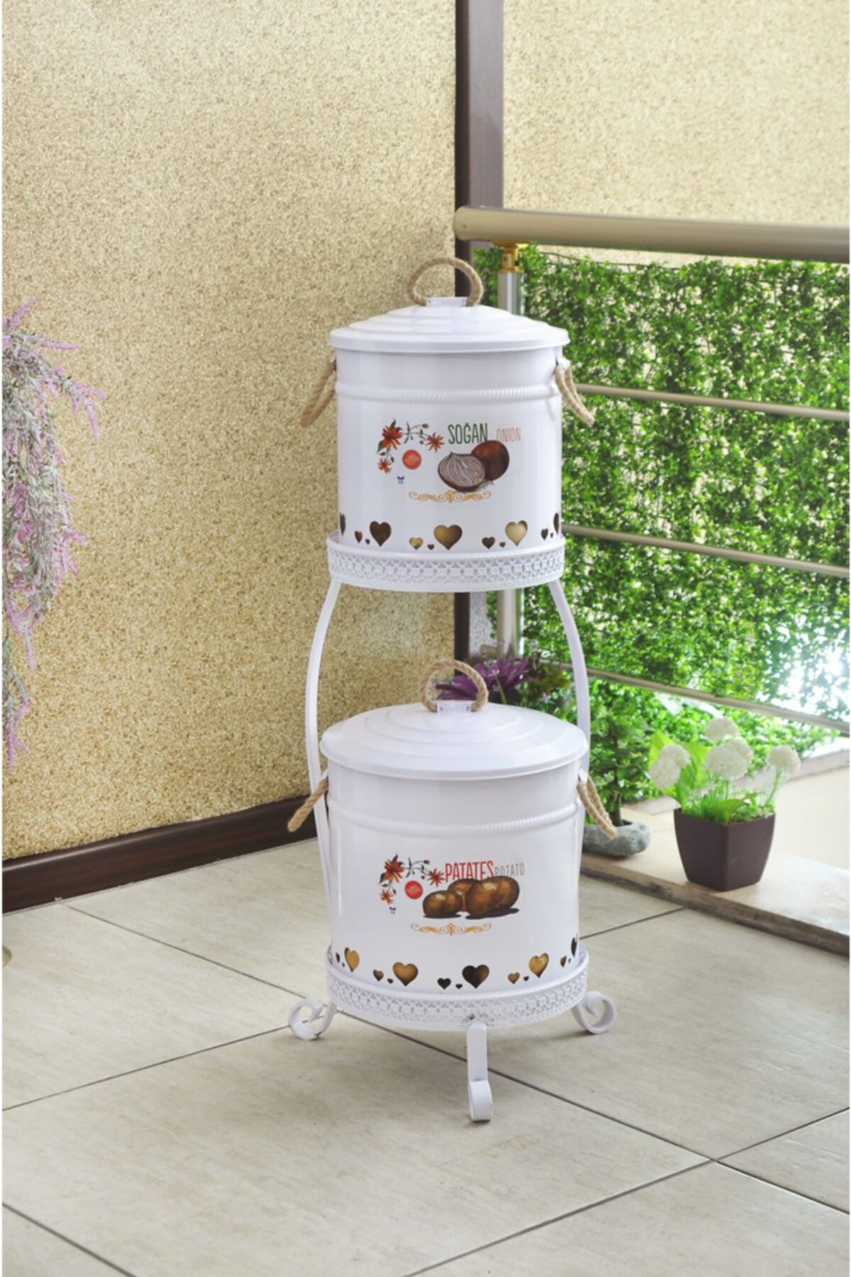 Yıldıray Metal 2 Katlı Metal Standlı Dekoratif Patates Soğanlık Kovası Beyaz