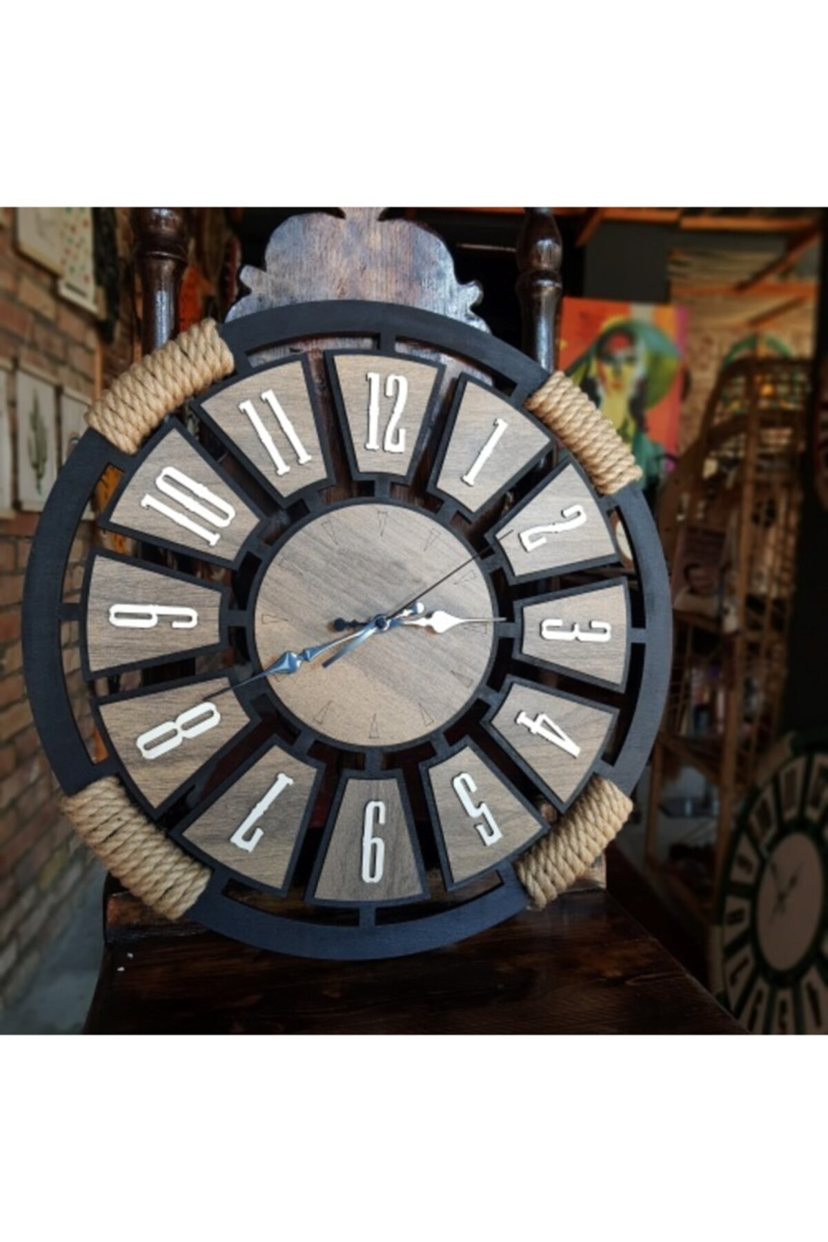 Dekoritim Halatlı Vıntage Rakamlı Ahşap Dekoratif Duvar Saati (siyah-alize) (40x40)
