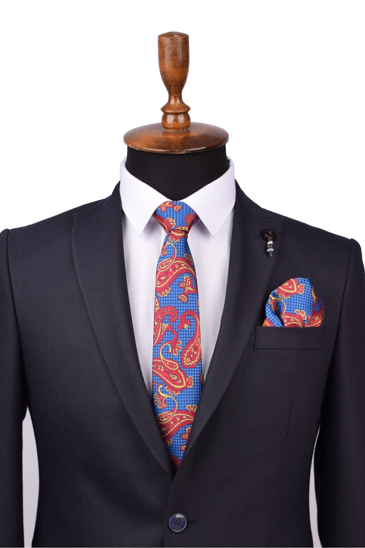 GRAVATTE Mavi-bordo Şal Desenli Mendilli Kravat