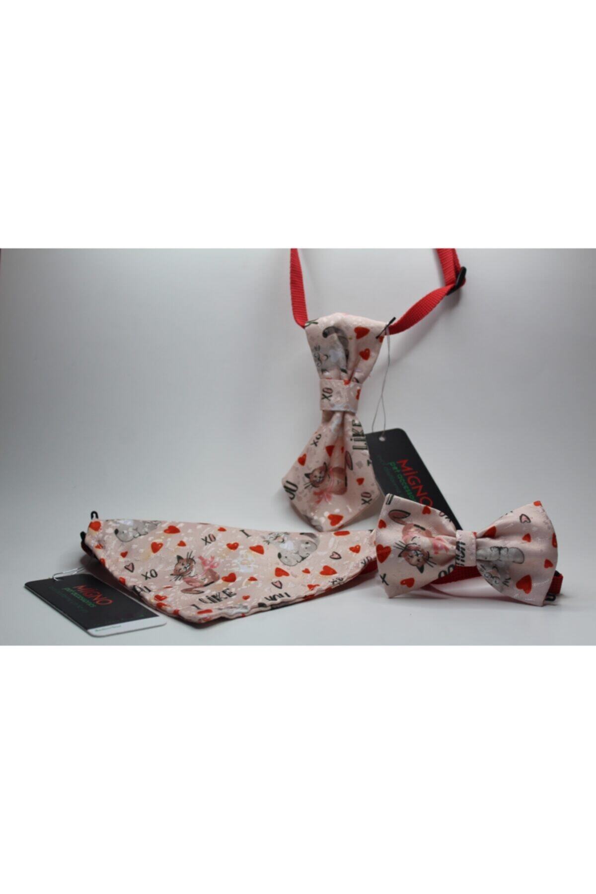 Migno Pembe Renk Kedi Desenli I Like It Desenli 3 Lü Takım Tasmalı Papyon Bandana Kravat Xl 40 65 Cm