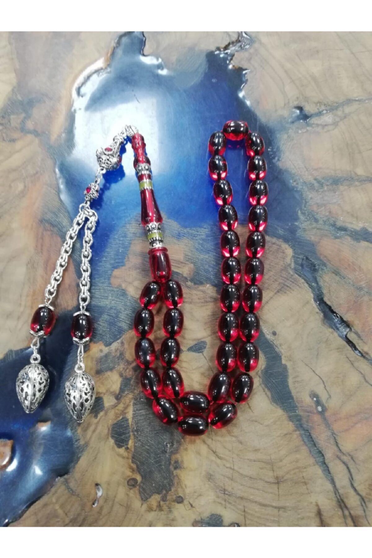 Doğuş Tesbih Ateş Kehribarı Usta Işçilik 925 Ayar Gümüş Nakkaş Imame