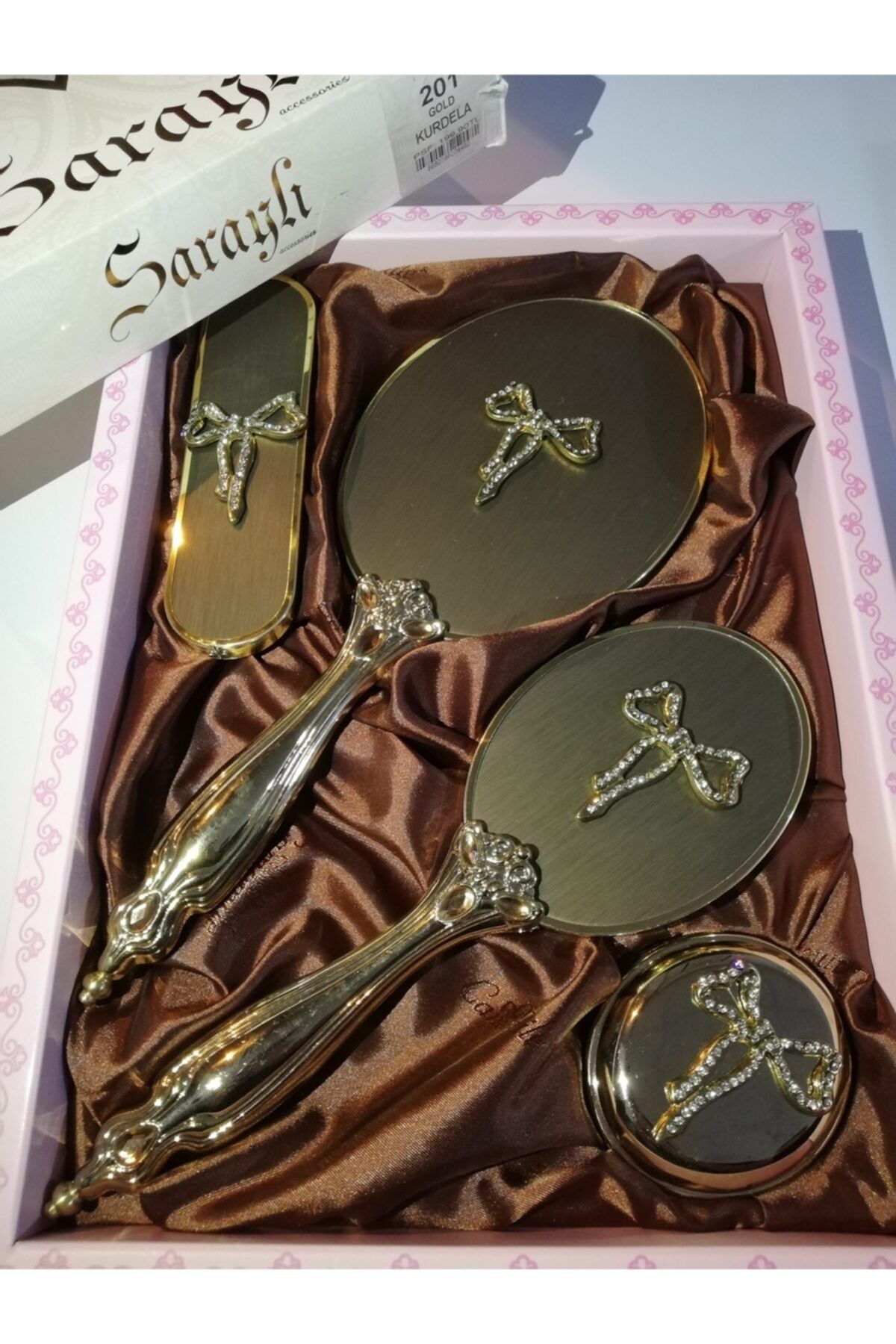 AVGA Saraylı Ayna Tarak Seti 4'lü Gold Kurdela