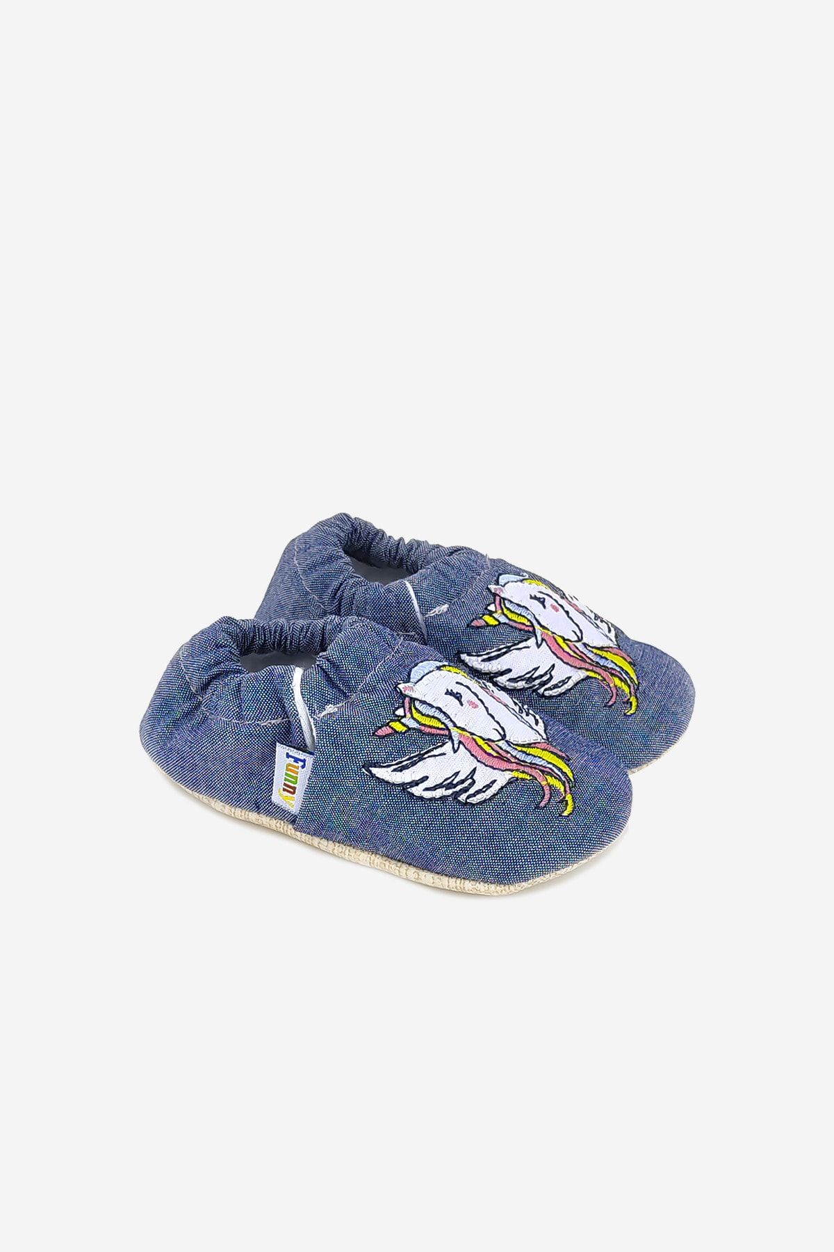 Funny Baby Kız Bebek Mavi Unicorn Nakışlı Kaymaz Tabanlı Ev Patigi