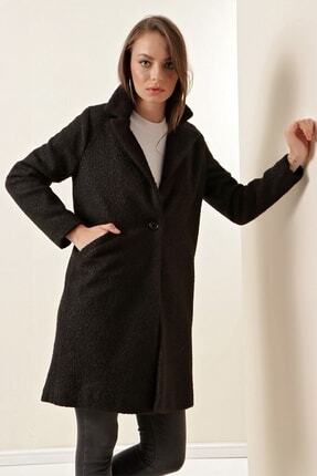 Kadın Oversize Kaşe Peluş Kaban Siyah Image 0