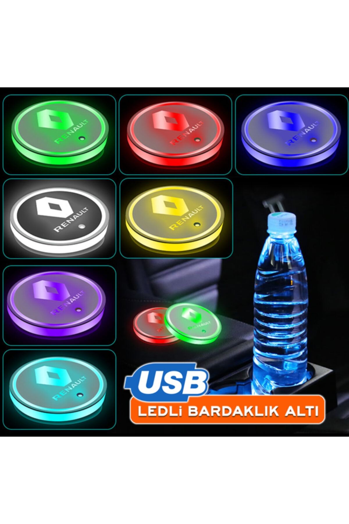 C9 Ledli Bardaklık Altı Usb Şarjlı Gece Sensörlü 7 Farklı Renk Renault Uyumlu
