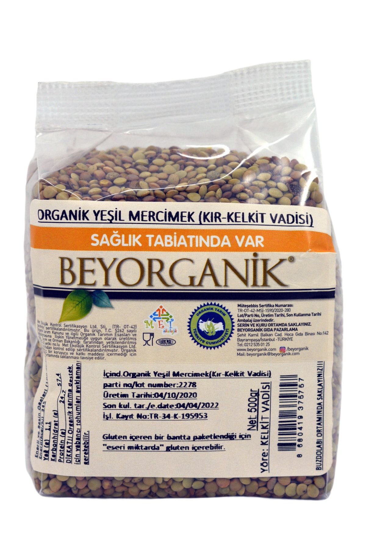 BEYORGANİK Organik Yeşil Mercimek Kelkit Vadisi 500 Gr