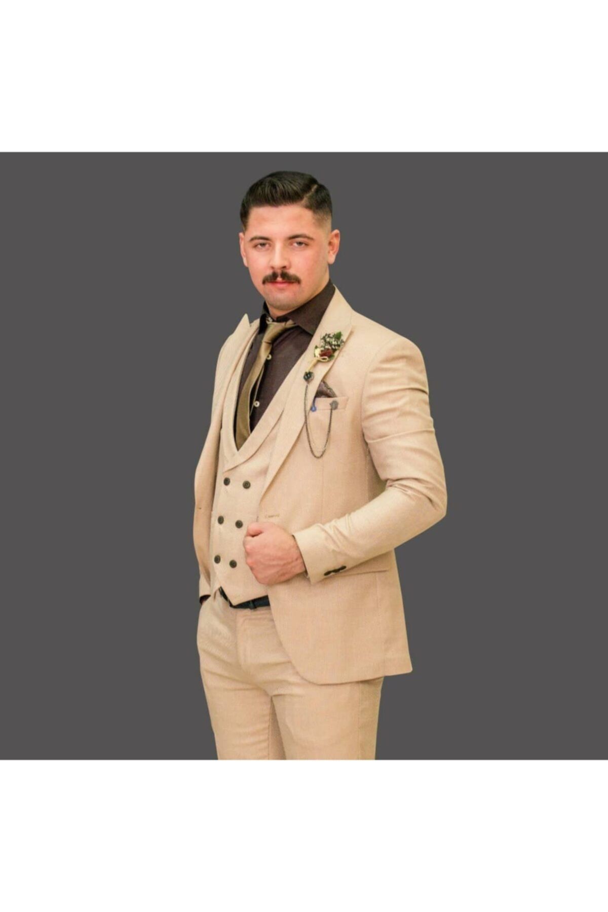 Csr Erkek Bej Desenli Takım Elbise