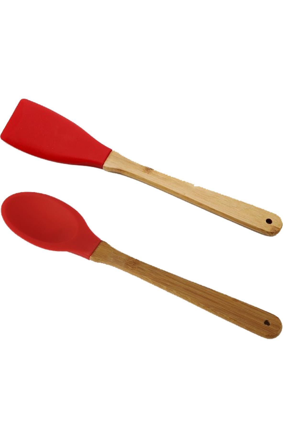 Kelebekev Silikon 2 Parça Kaşık Spatula Set Büyük Boy 28cm Kırmızı