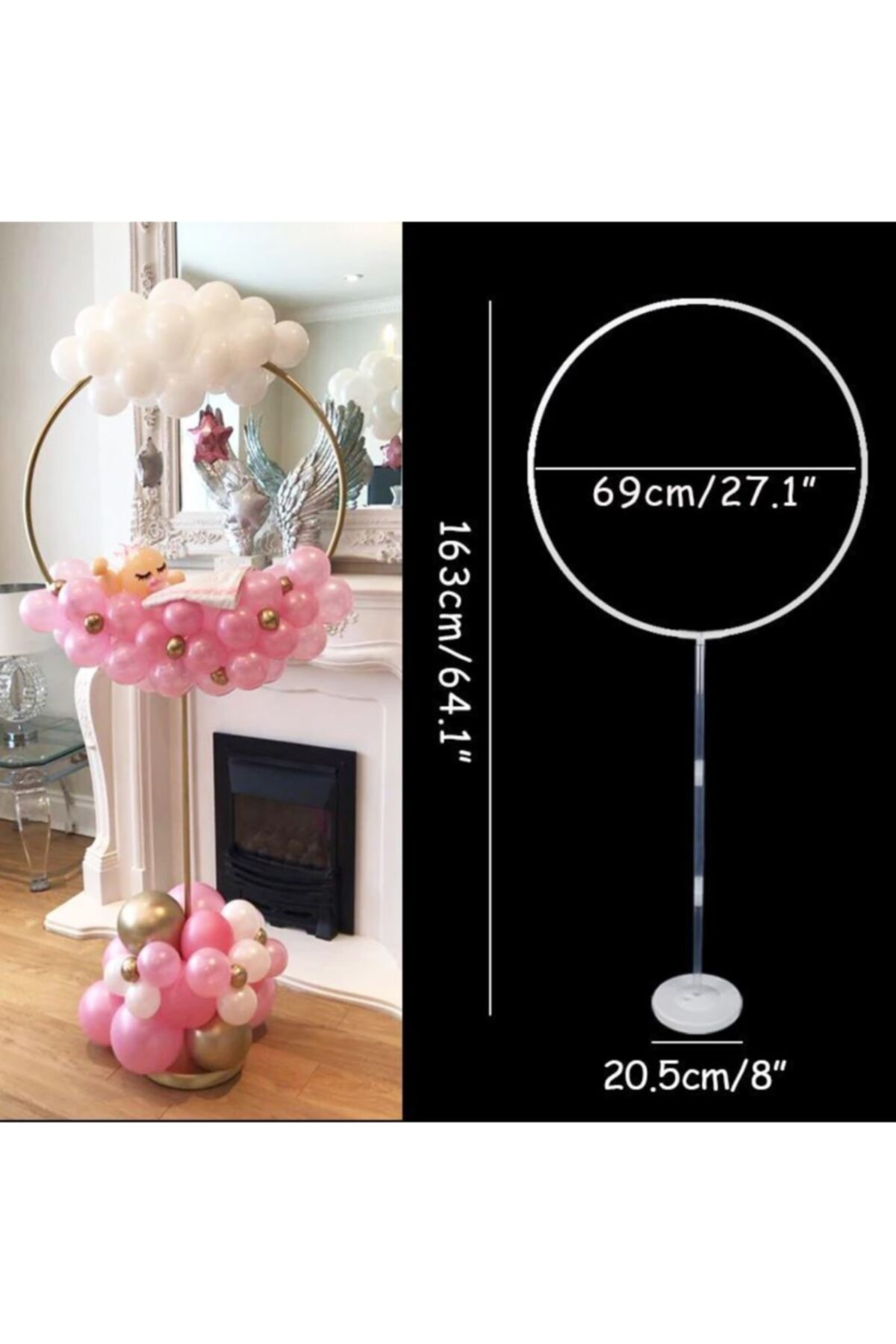 Happyland Balon Süsleme Standı Yuvarlak Hulalop Model 160 cm Beyaz Çubuklu