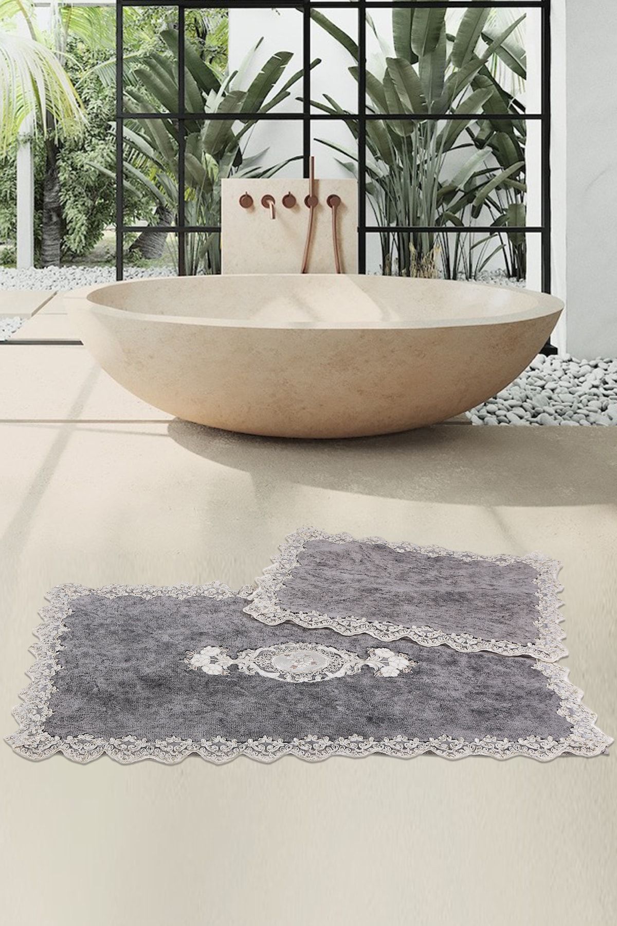Bonny Home Cotton Lux Köşeli Antrasit 2'li Pamuk Dantelli Klozet Takımı Çeyizlik Banyo Paspası Seti