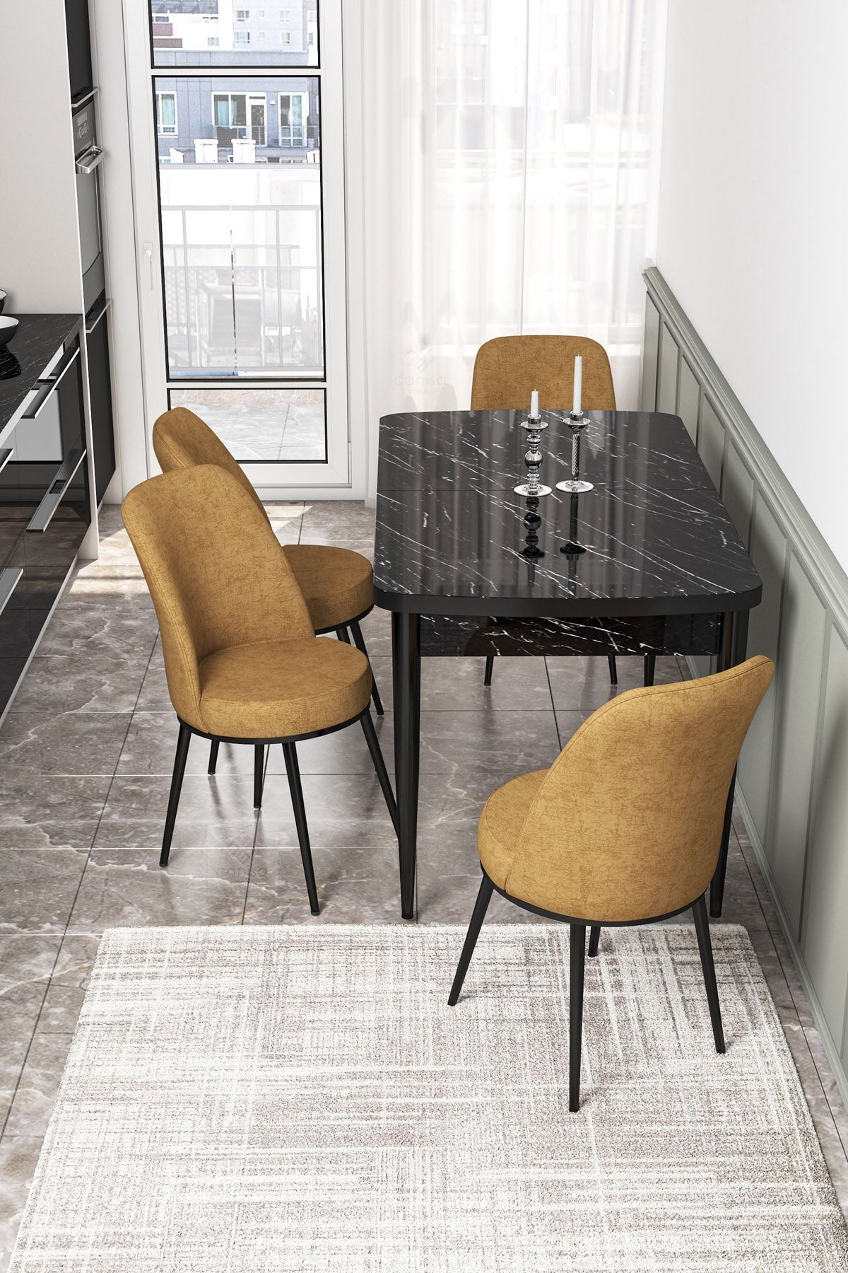 Canisa Concept Açılabilir Mutfak Masası Takımı-siyah Masa+4 Adet Cappucino Sandalye