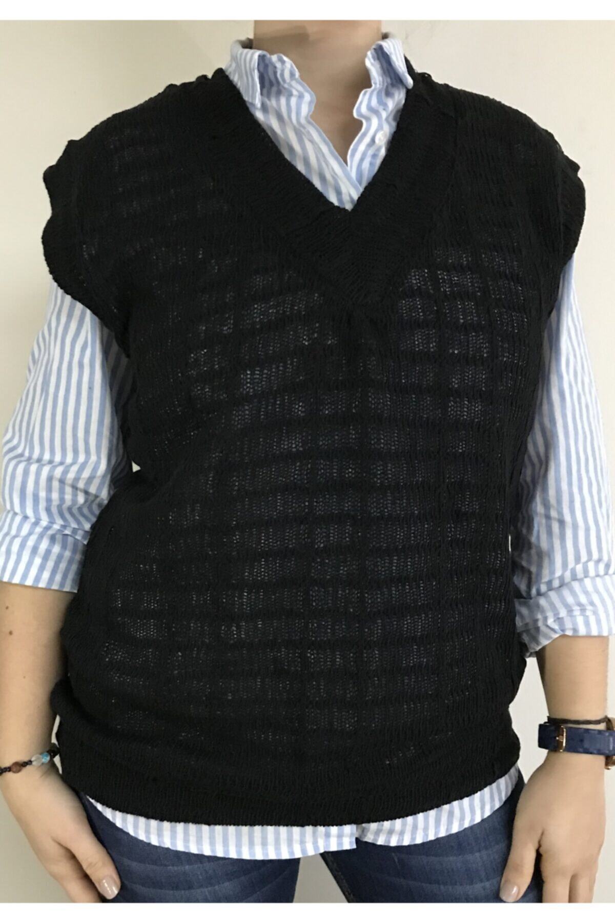 OPIA FASHION Kadın Siyah V Yaka Triko Örgü Süveter