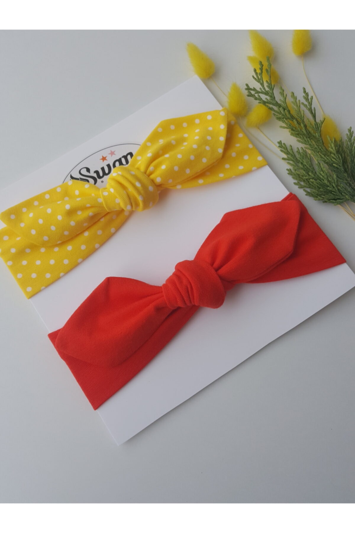 swan butik Kız Bebek Çocuk Bandana Toka Seti 2'li (saç Bandı Nar Çiçeği, Sarı Puantiyeli)