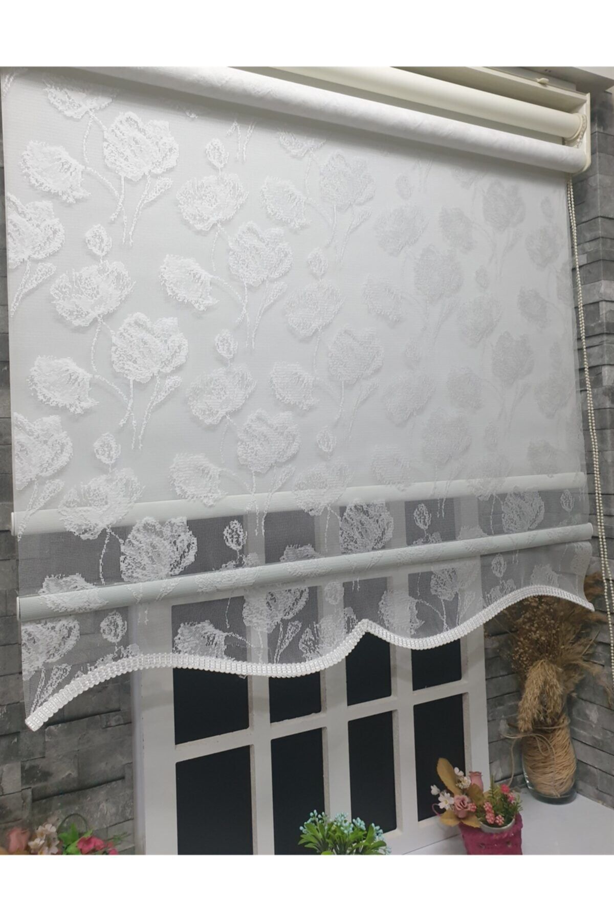 StorBurada Çift Mekanizmalı Kirli Beyaz Tül Perde Ve Ekru Stor Perde Stb1093