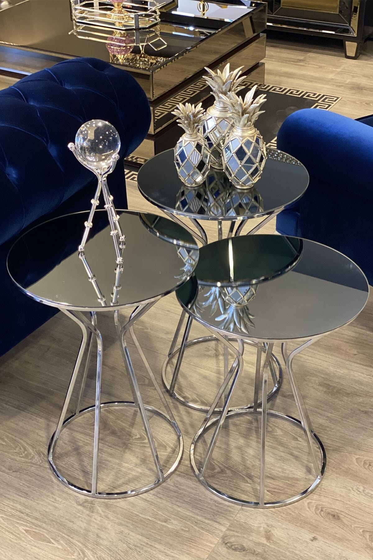 Uygun Kum Saati Model 3'lü Zigon Sehpa Gümüş Renk Metal Kaplama