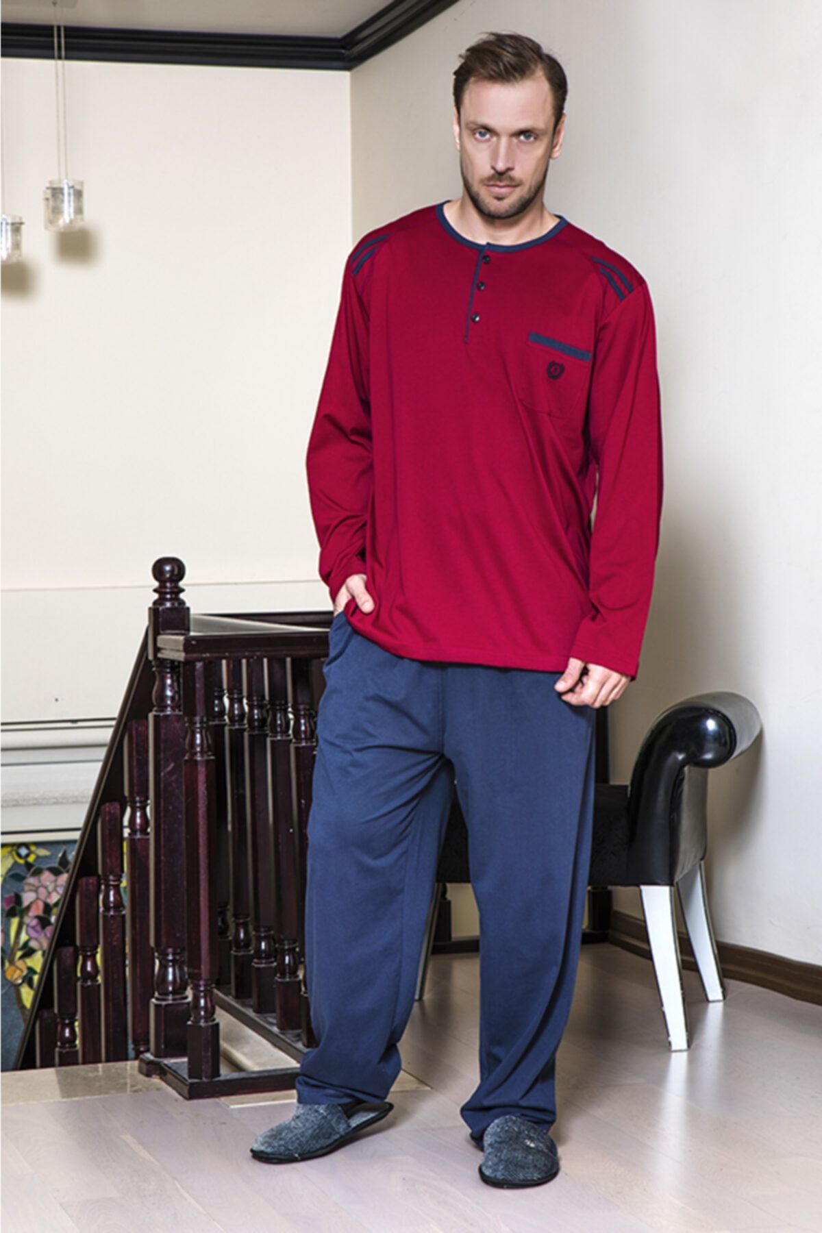 STYLE SENFONİ Erkek Bordo Patlı Yaka Battal Beden Uzun Kol Yazlık Penye Pijama