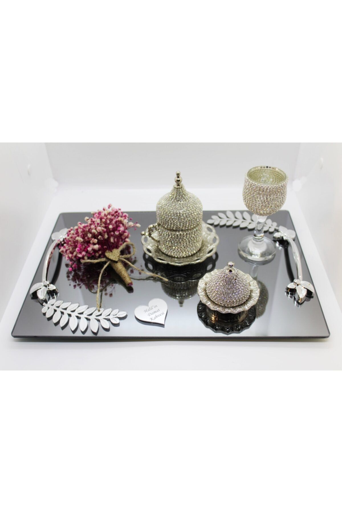 Butikchocolate Damat Fincanı Gümüş Siyah Ayna Taşlı Isimli Damat Kahve Fincanı Seti Pudra Çiçekli