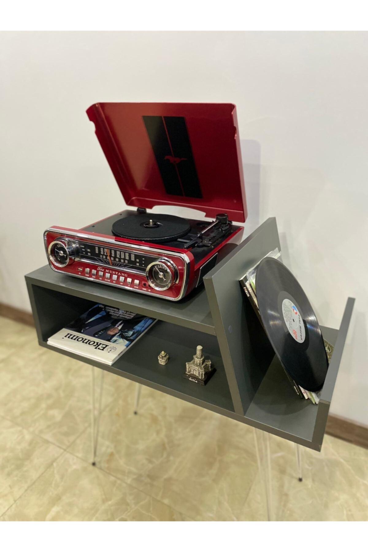 Lernan Group Gri Retro Plak Ve Pikap Sehpası