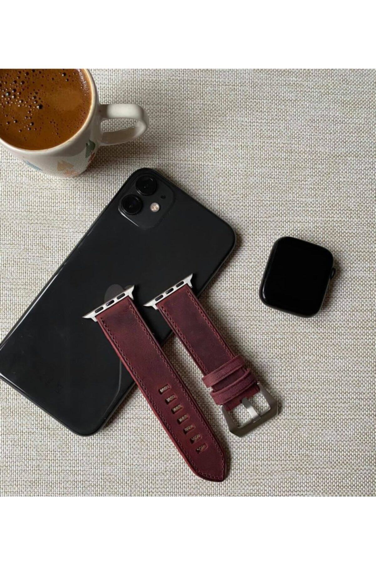 Yaydan Deri Aksesuar Apple Watch Uyumlu 38-40mm Bordo Crazy Deri Saat Kordonu