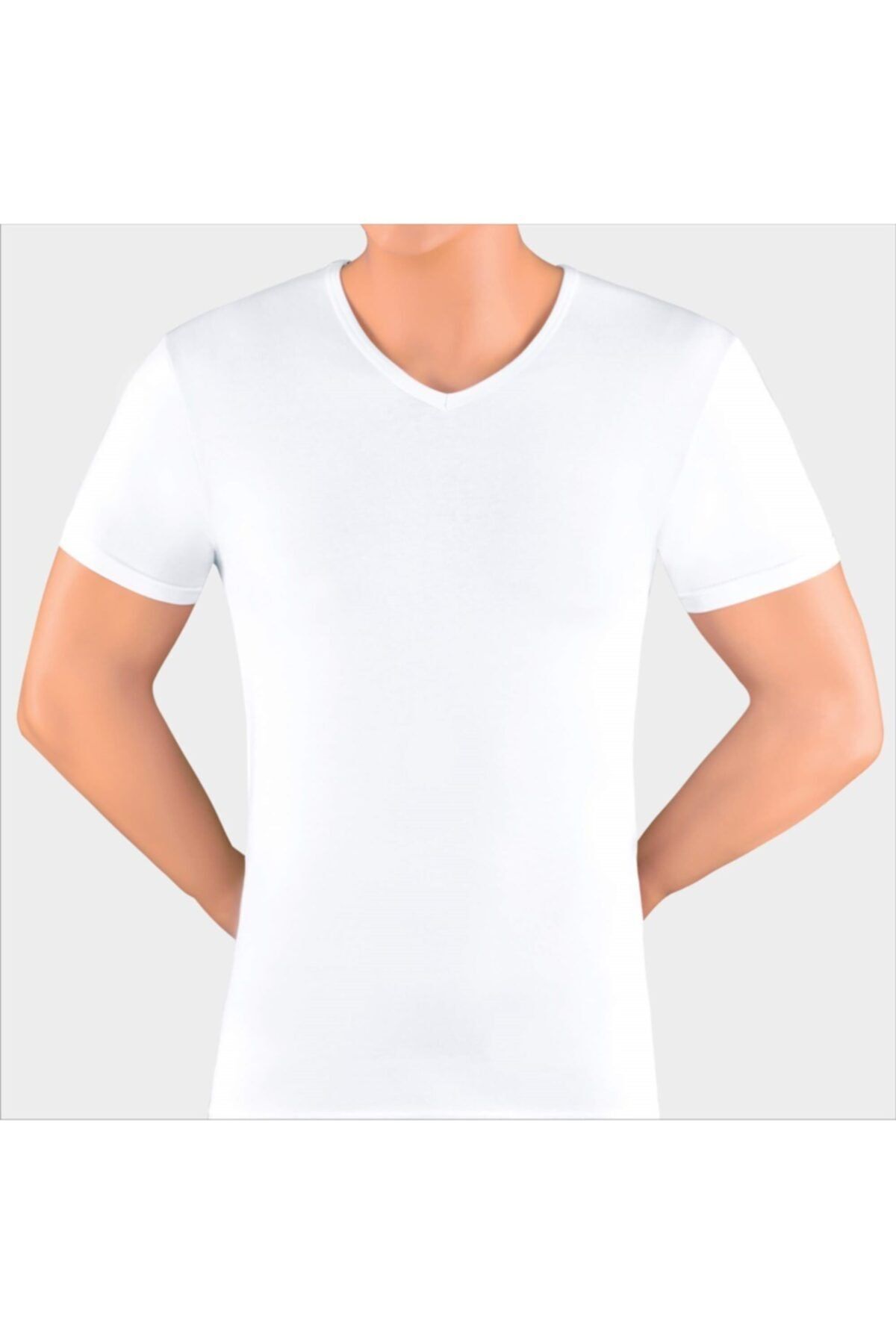 Öts 2'li Erkek Likralı V Yaka T-shirt Beyaz
