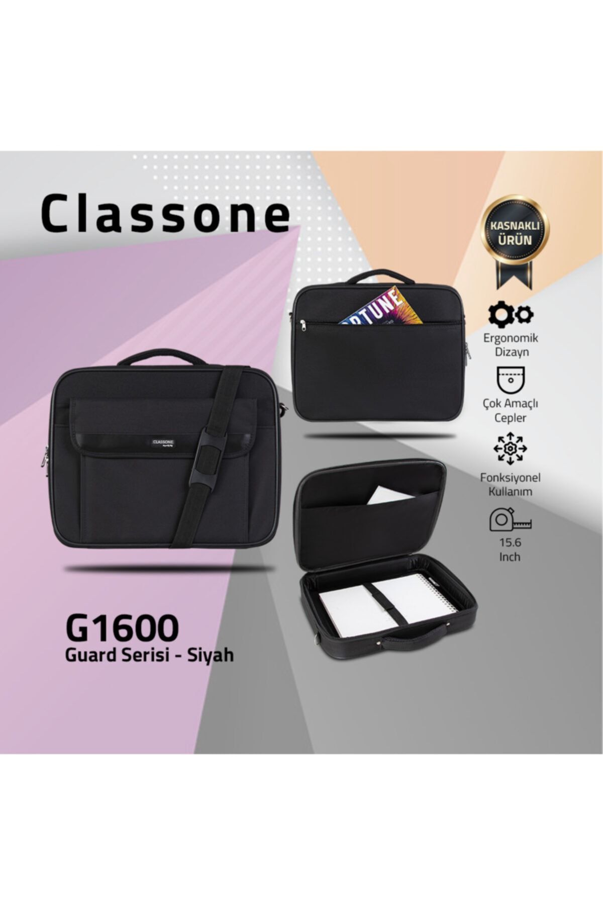 Classone G1600 15.6 Inç Uyumlu Kasnaklı Laptop , Notebook El Çantası-siyah