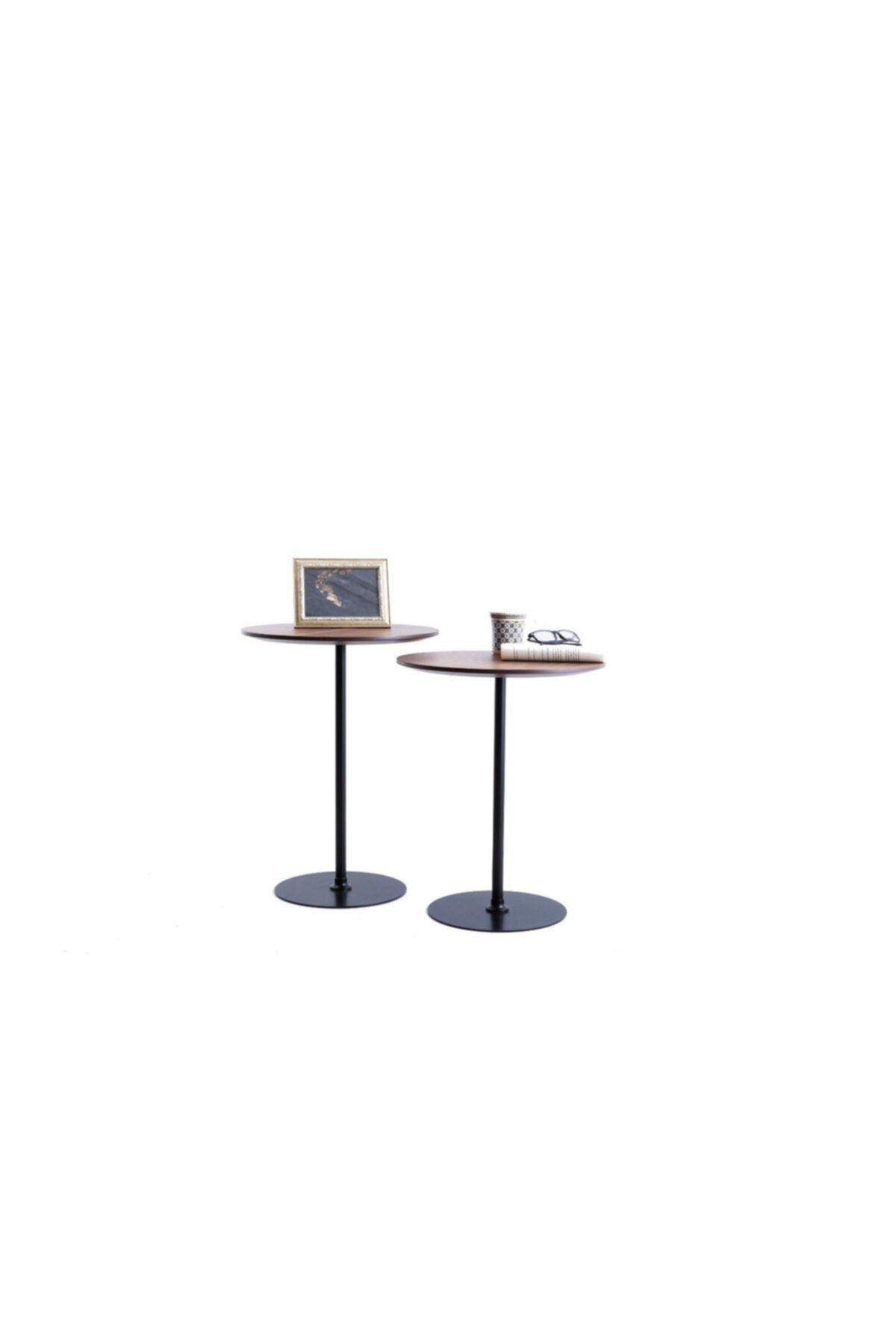 fidarthome Doğal Ceviz Kaplamalı Yan Sehpa 2 Li (54 Cm Ve 59 Cm)