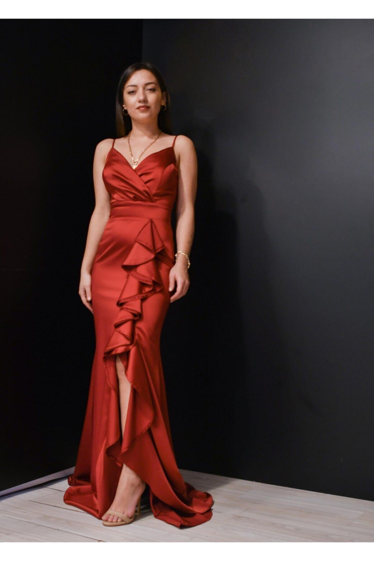 İlgün Moda Kadın Bordo Saten Balık Abiye Elbise