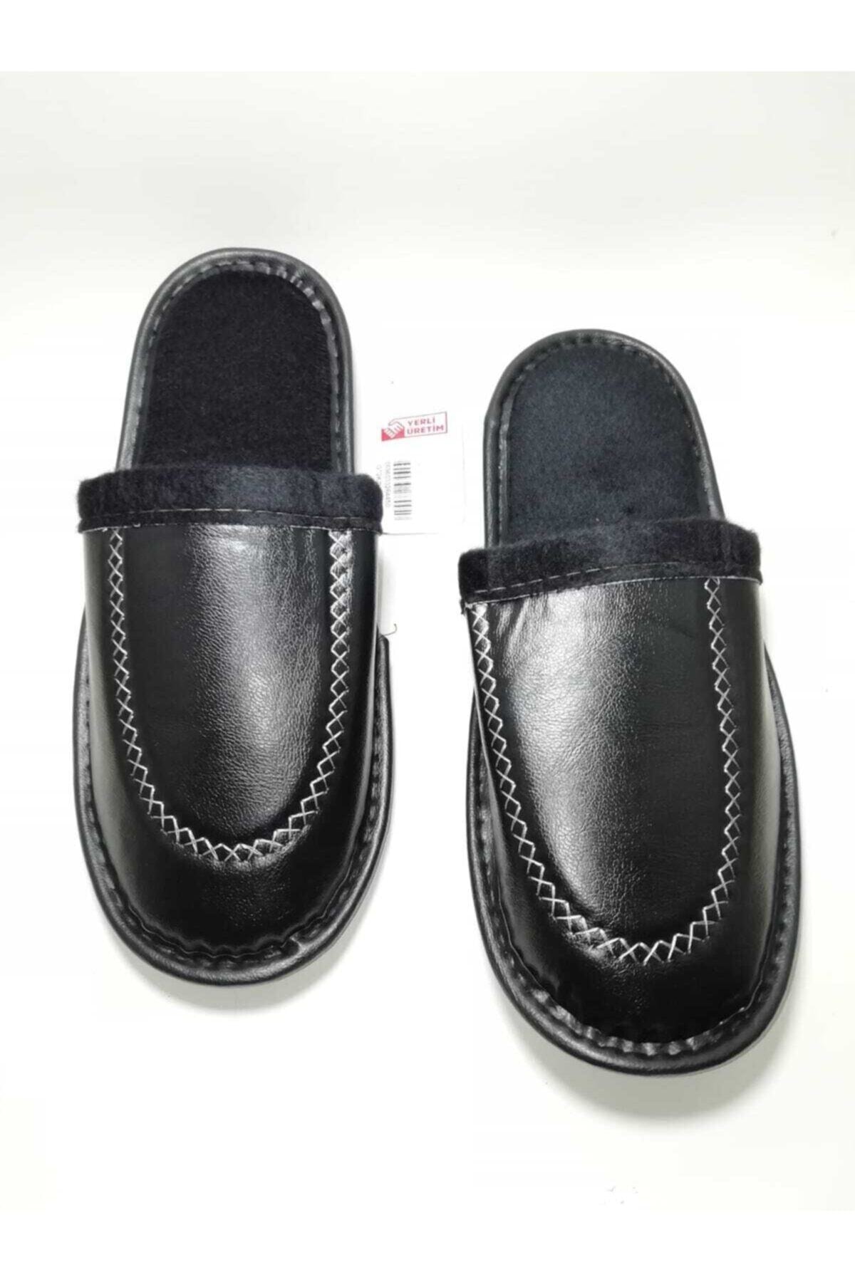 GEZER Erkek Siyah Deri Görünümlü Yumuşak Taban Terlik
