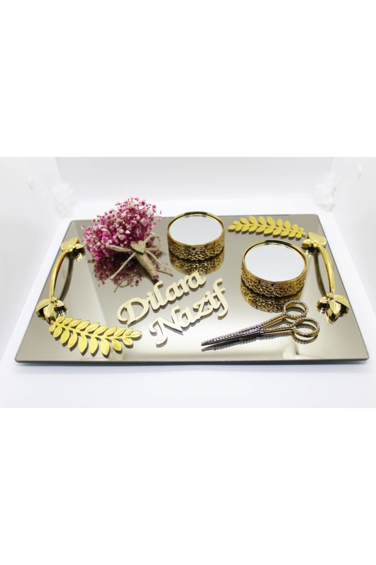 Butikchocolate Nişan Tepsisi Siyah Ayna Model Gold Yüzük Tepsisi Makas Hediyeli Fuşya Söz Tepsisi