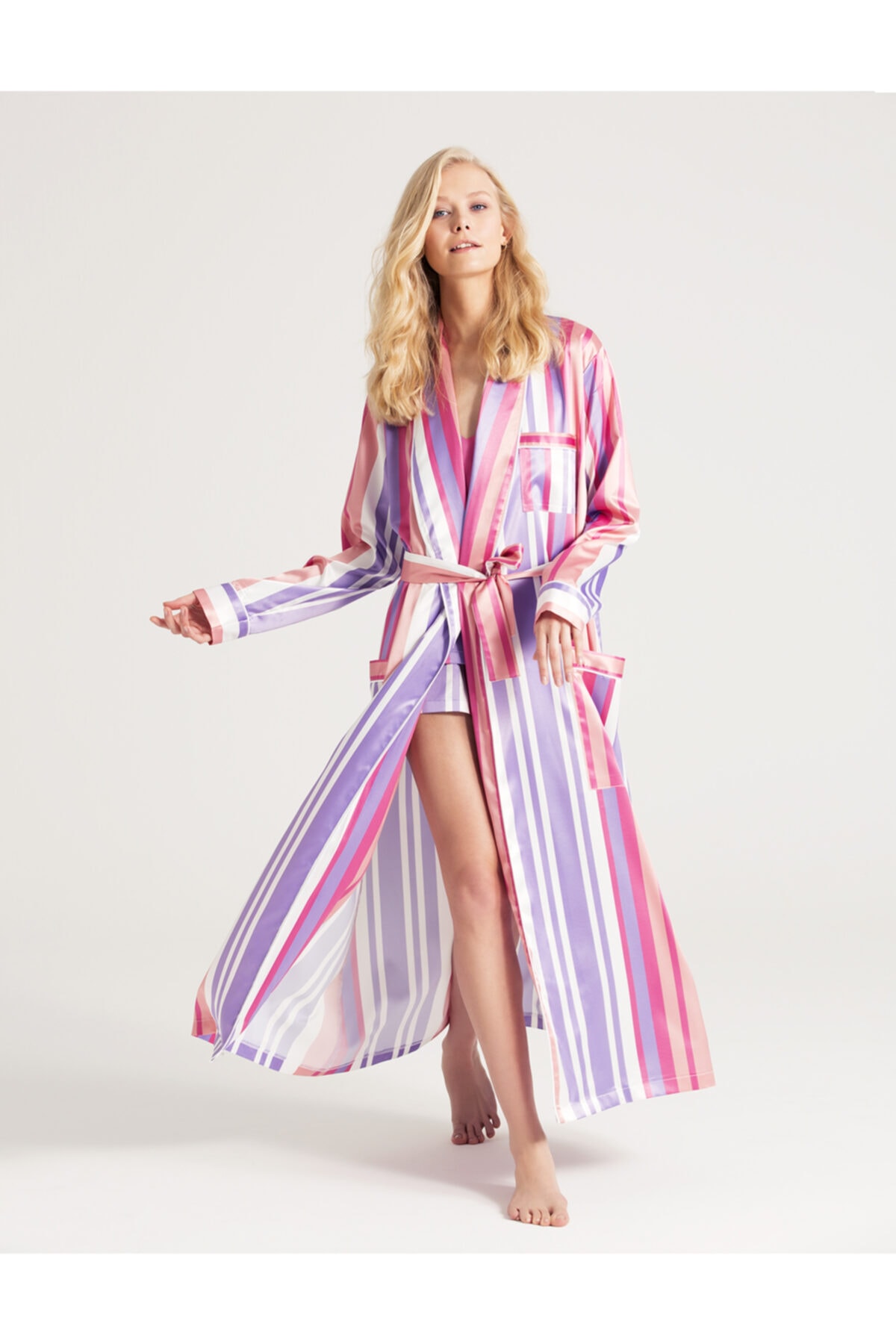 zau Z A U Saten Çizgili Pembe Sabahlık