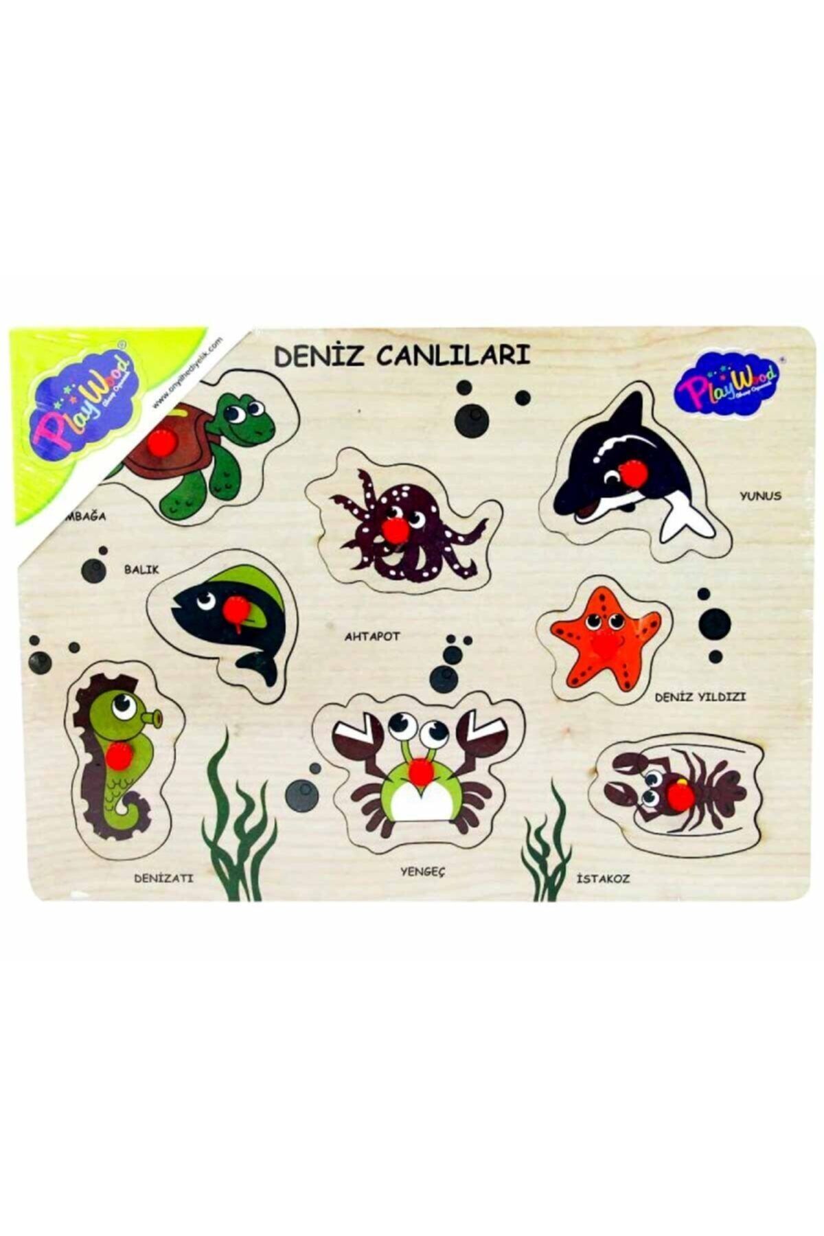 PlayWoods Eğitici Ahşap Tutmalı Deniz Hayvanları Canlıları Çocuk Bebek Puzzle Oyun Set