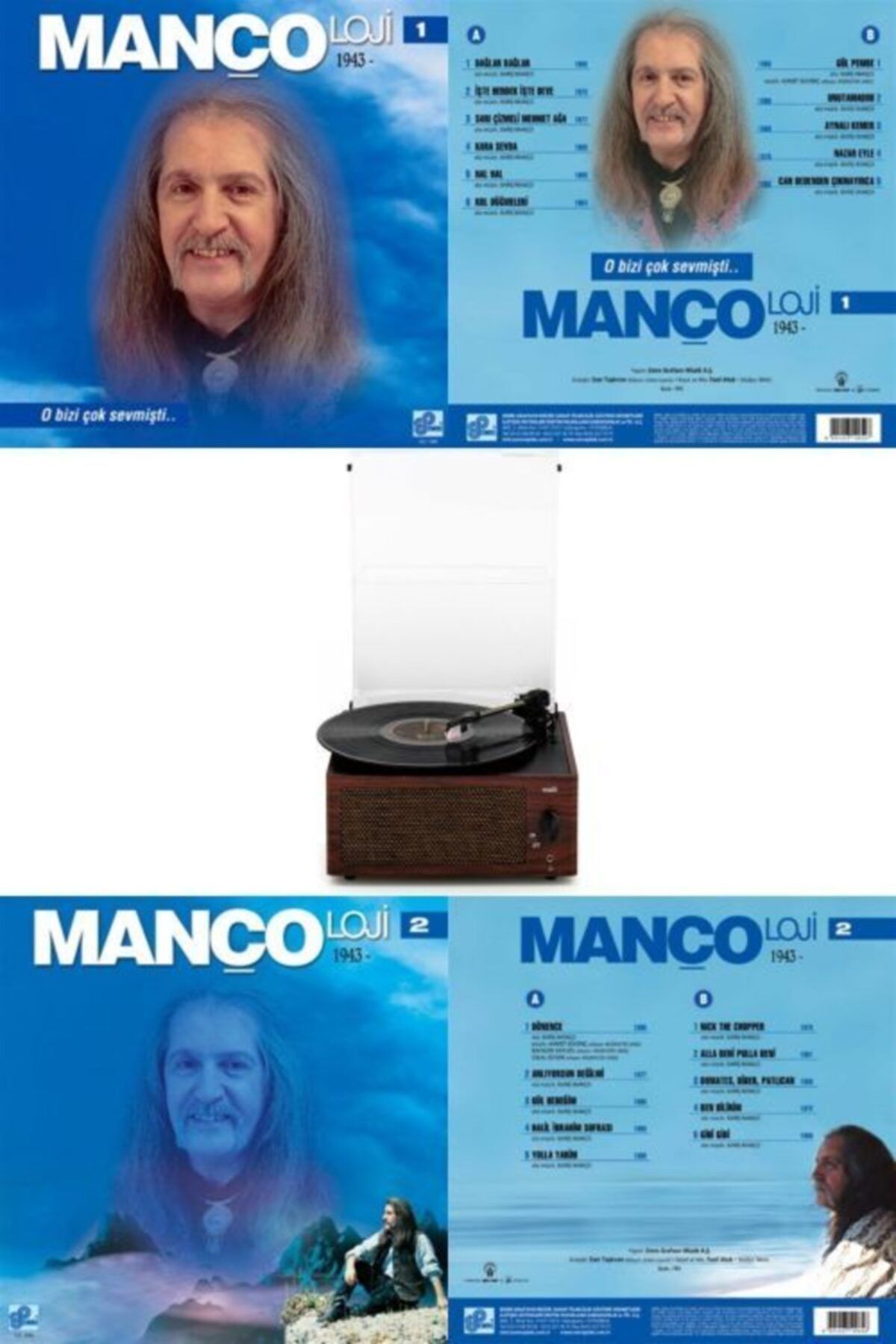 UygunSepet Bluetooth Özellikli 33,45,78 Devir Ahşap Retro Pikap Plakçalar + Barış Manço - Mançoloji 1 Ve 2 Plak