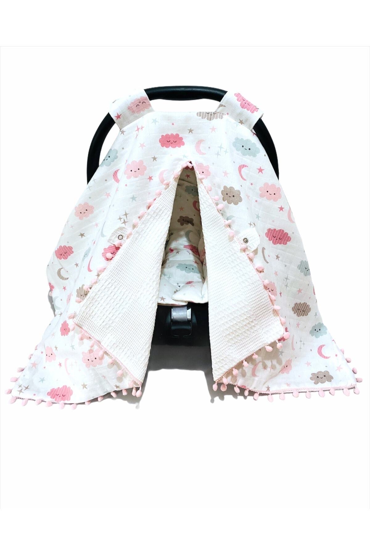 Yummyofbaby %100 Pamuk Müslin Pembe Bulut Desenli Çift Katlı Puset Örtüsü Ve Minderi