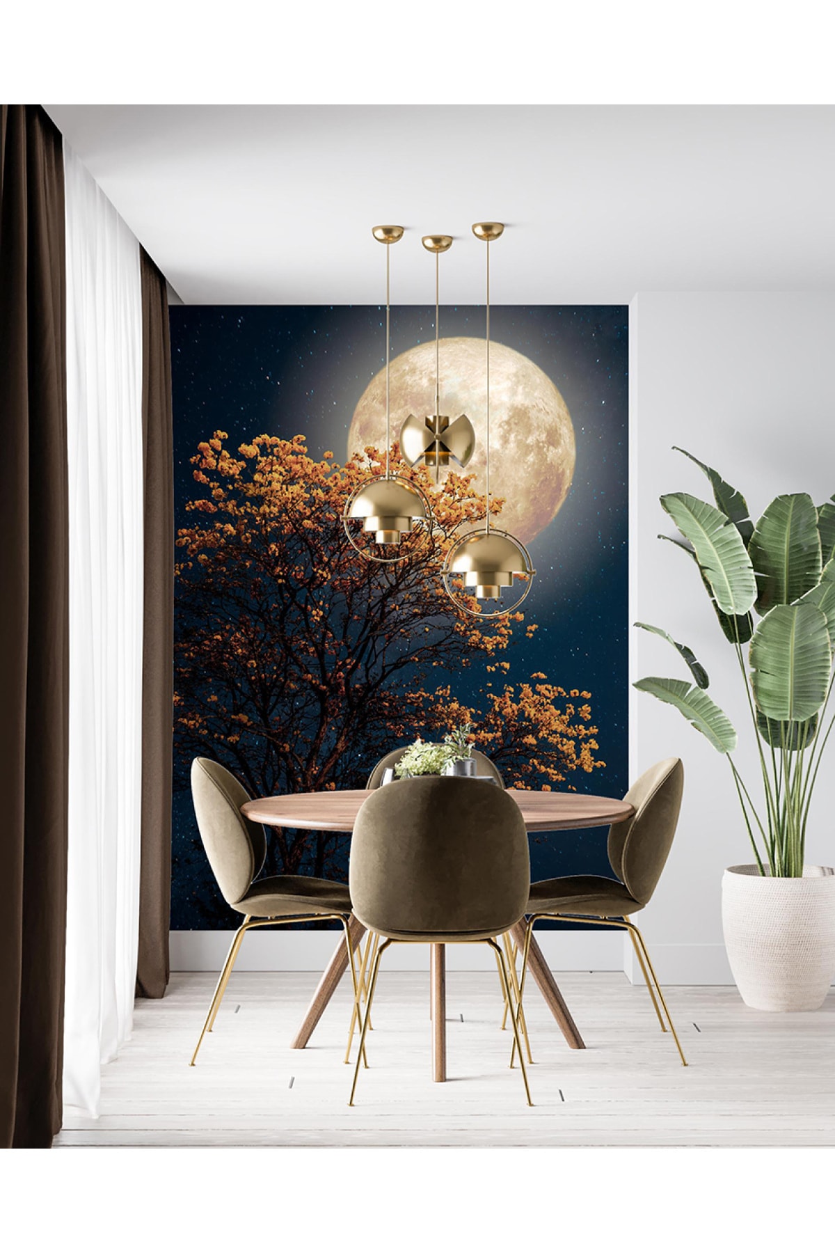Penta Sarı Çiçekler Ve Ay Duvar Posteri Nat49332 140 X 210 Cm