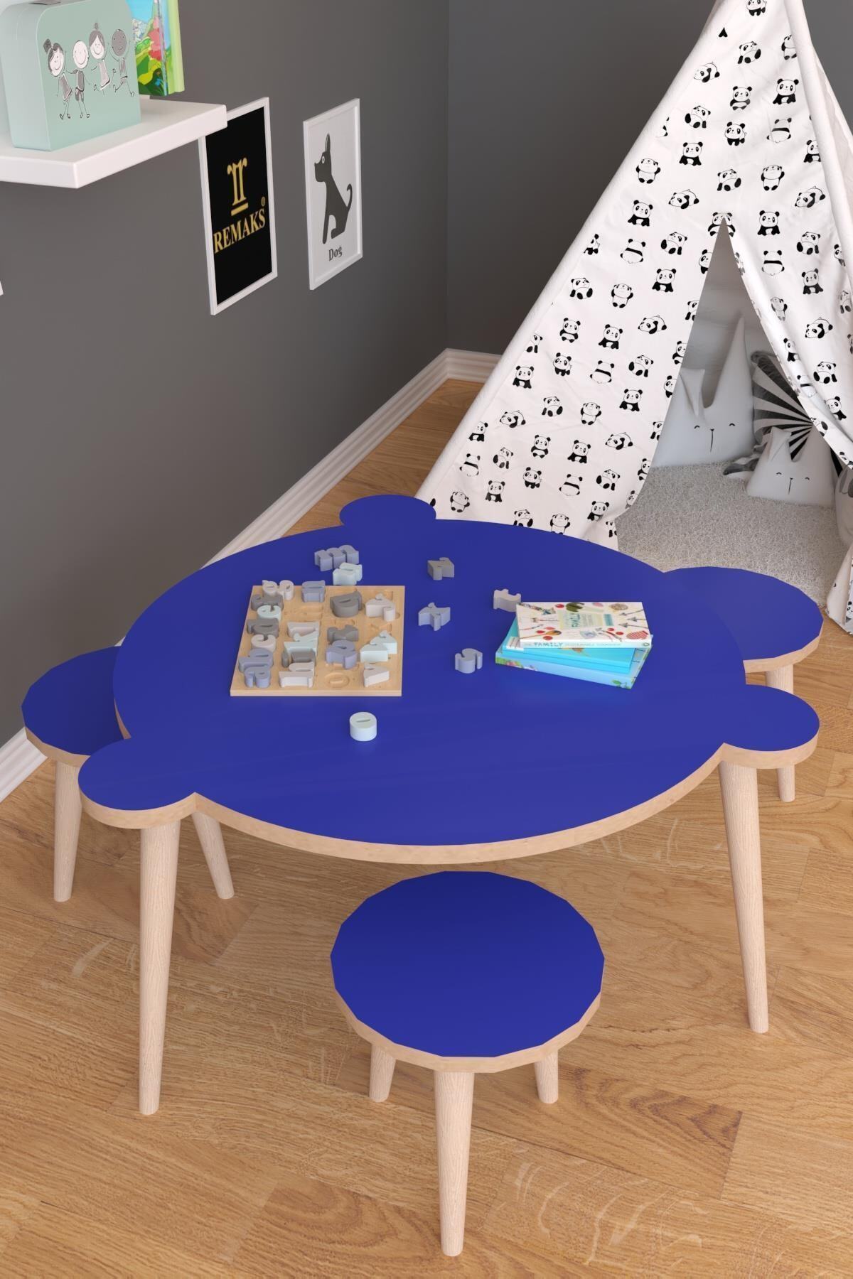 Remaks Yuvarlak Yaz Sil Yüzey Çocuk Masa Sandalye Takımı 1 Aktivite Oyun Masası 3 Sandalye - Mavi