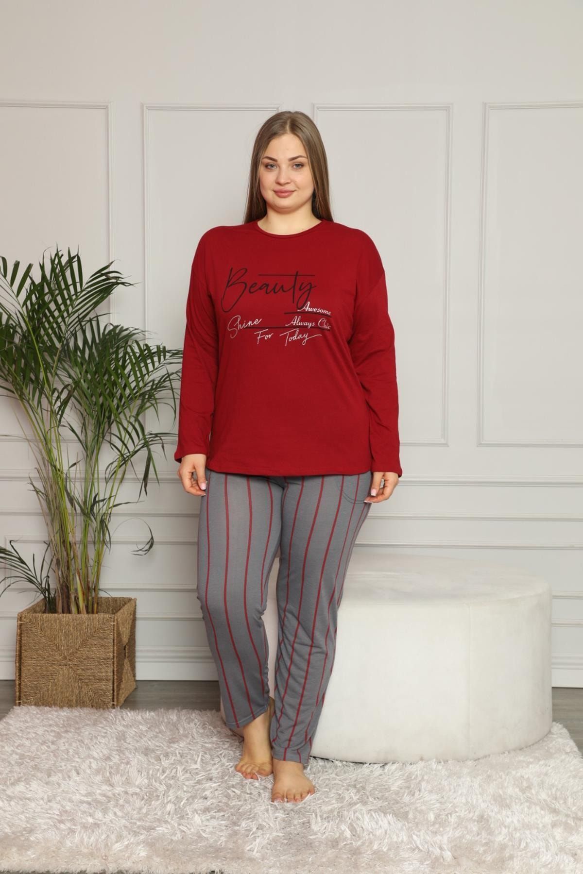 SEBOTEKS Kadın Bordo Büyük Beden İnce Penye Pijama Takımı 30104