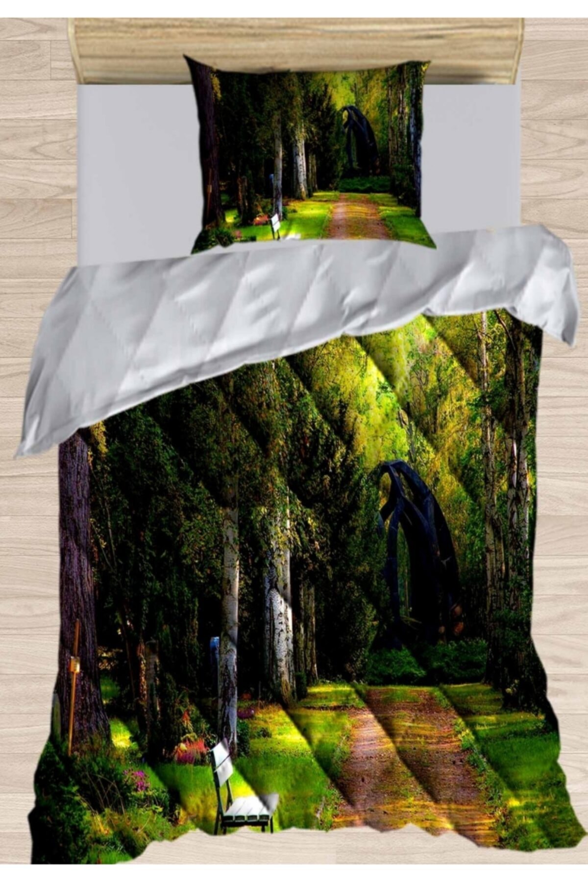 Osso Halı Yeşil Orman Ağaçlar 3d Desenli Tek Kişilik Mikrofiber Yorgan Uyku Seti