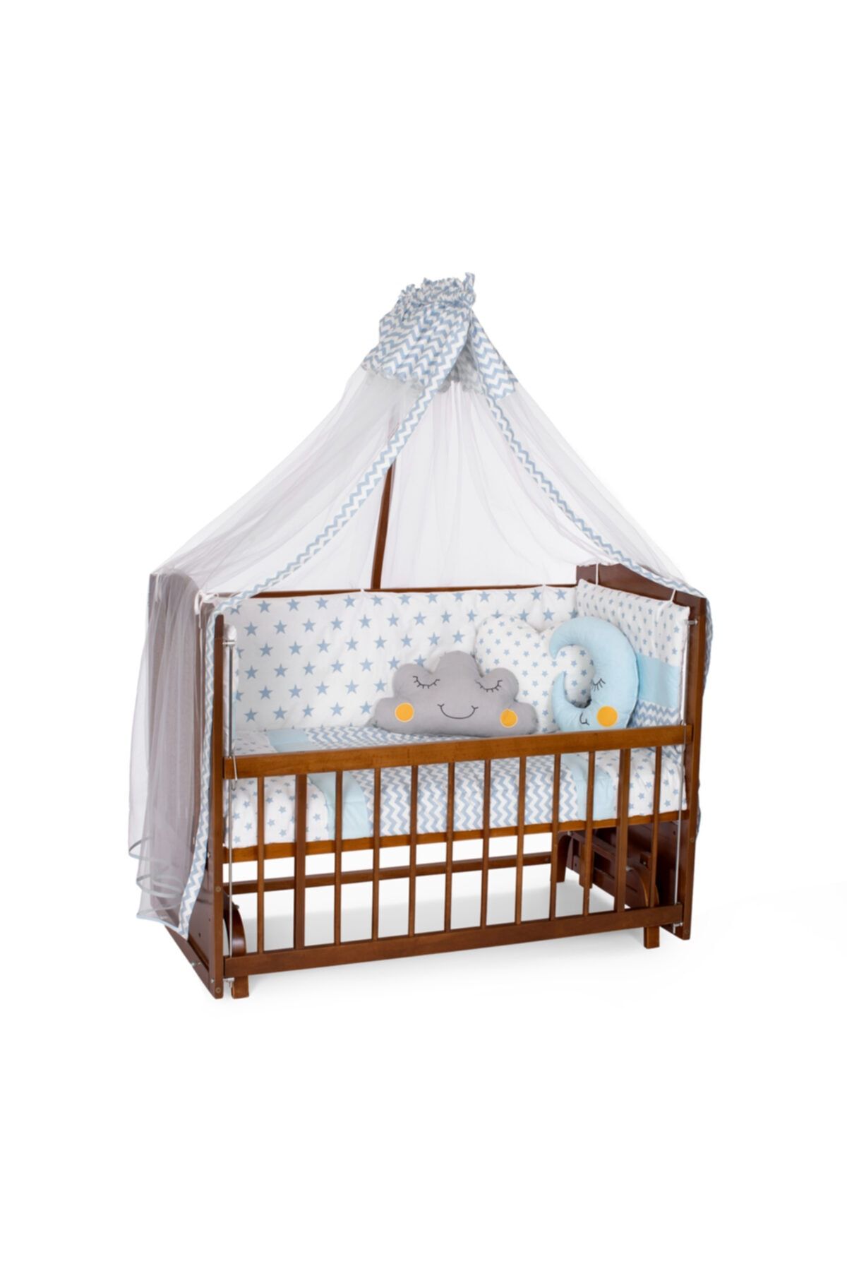 Heyner Ahşap Beşik Anne Yanı Beşik Sallanır Beşik Ceviz 60x120 + Mavi Yıldız Uyku Seti + Yatak + Tekerlek