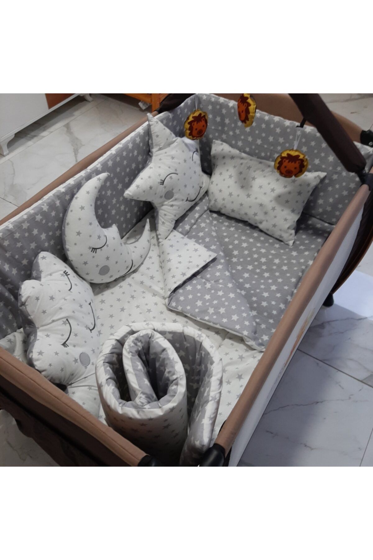 uykucubebe 70x110 Park Beşik Gri Yıldızlı Bebek Uyku Seti 10parça (3234kombin)